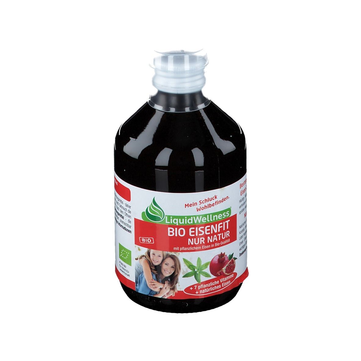 Liquide brun dans une bouteille à bouchon blanc. Étiquette avec le nom du produit LiquidWellness BIO EISENFIT, label bio et illustrations.