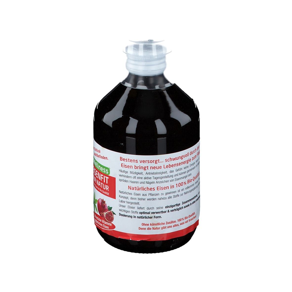 Liquide brun dans une bouteille à bouchon blanc. Étiquette avec le nom du produit LiquidWellness BIO EISENFIT et du texte.