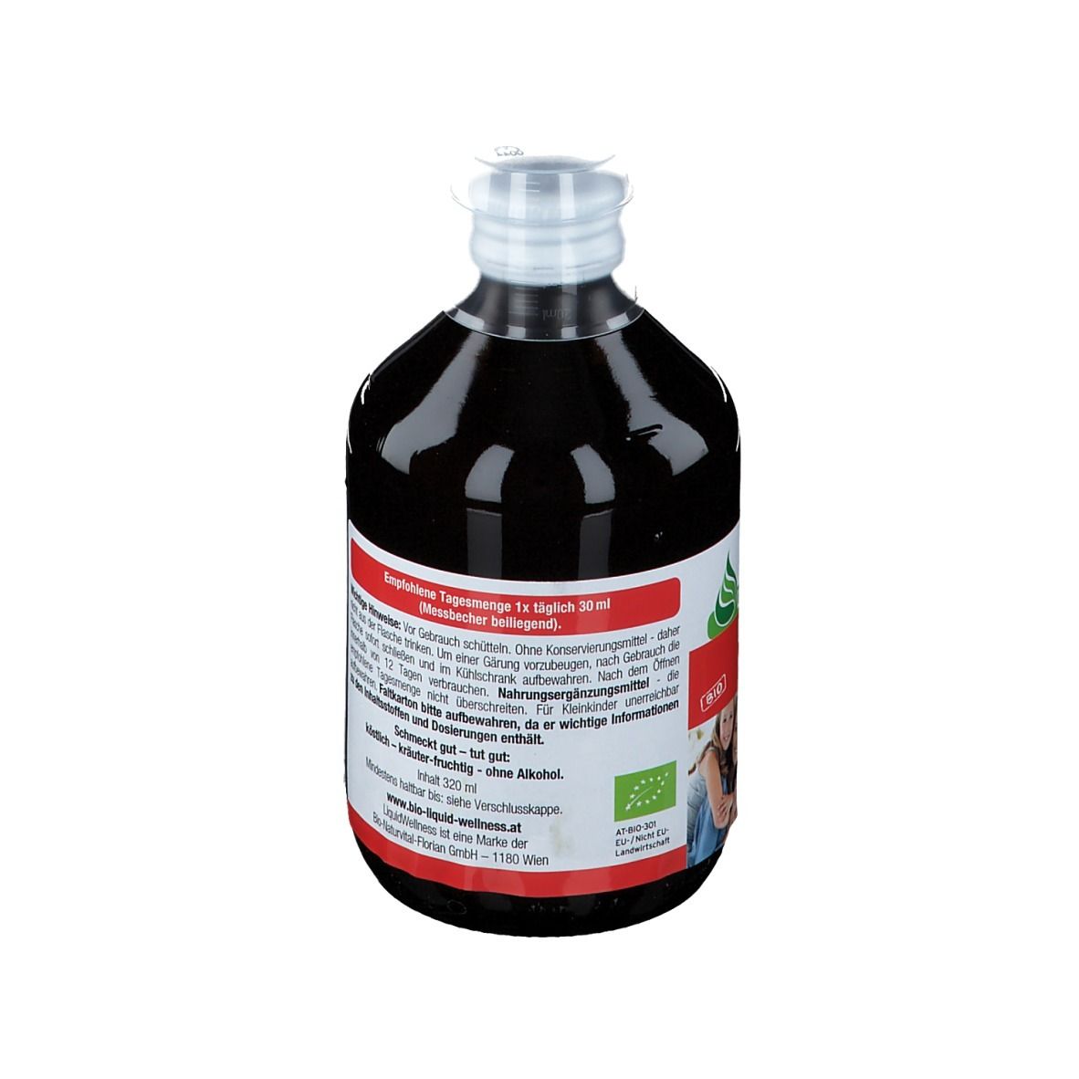 Liquide brun dans une bouteille à bouchon blanc. Étiquette avec le nom du produit LiquidWellness BIO EISENFIT et du texte.