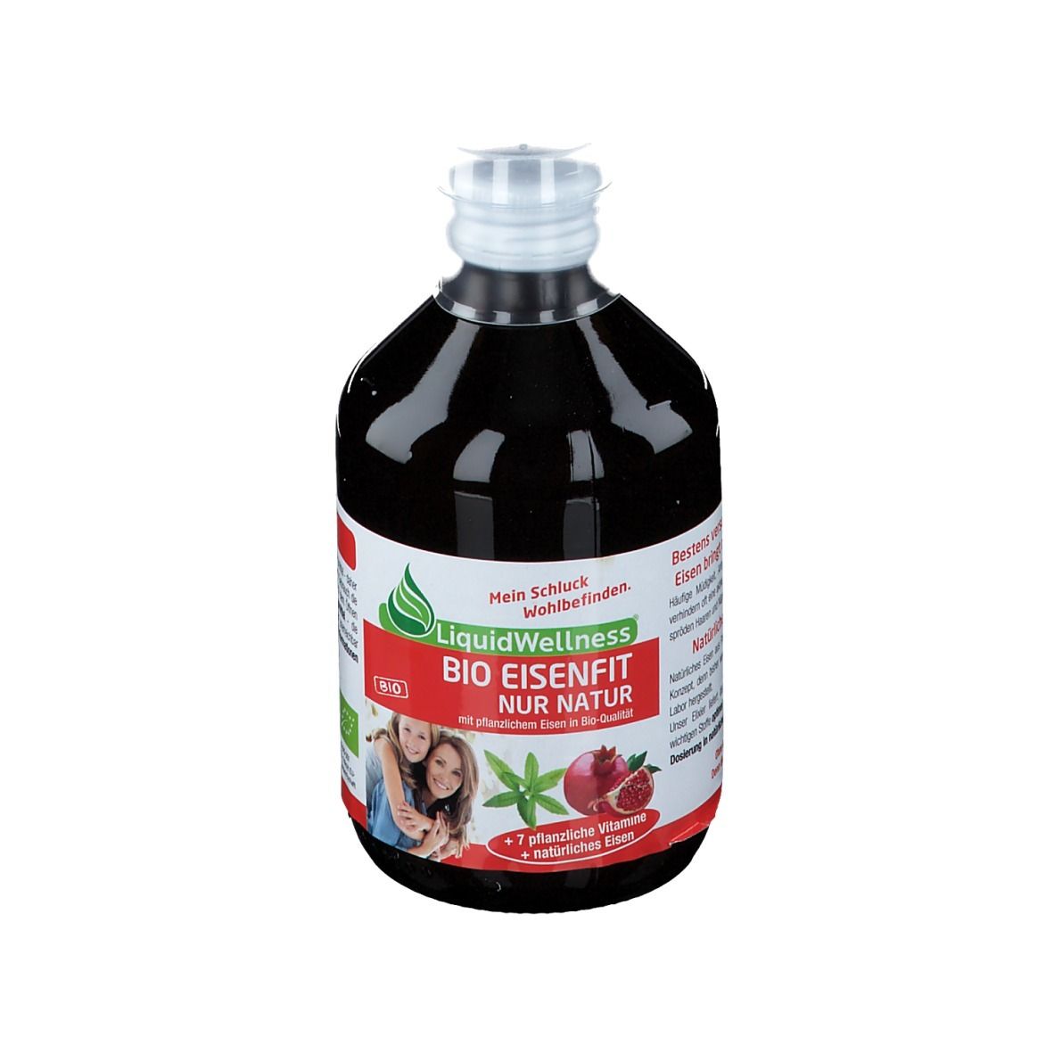 Liquide brun dans une bouteille à bouchon blanc. Étiquette avec le nom du produit LiquidWellness BIO EISENFIT, label bio et illustrations.