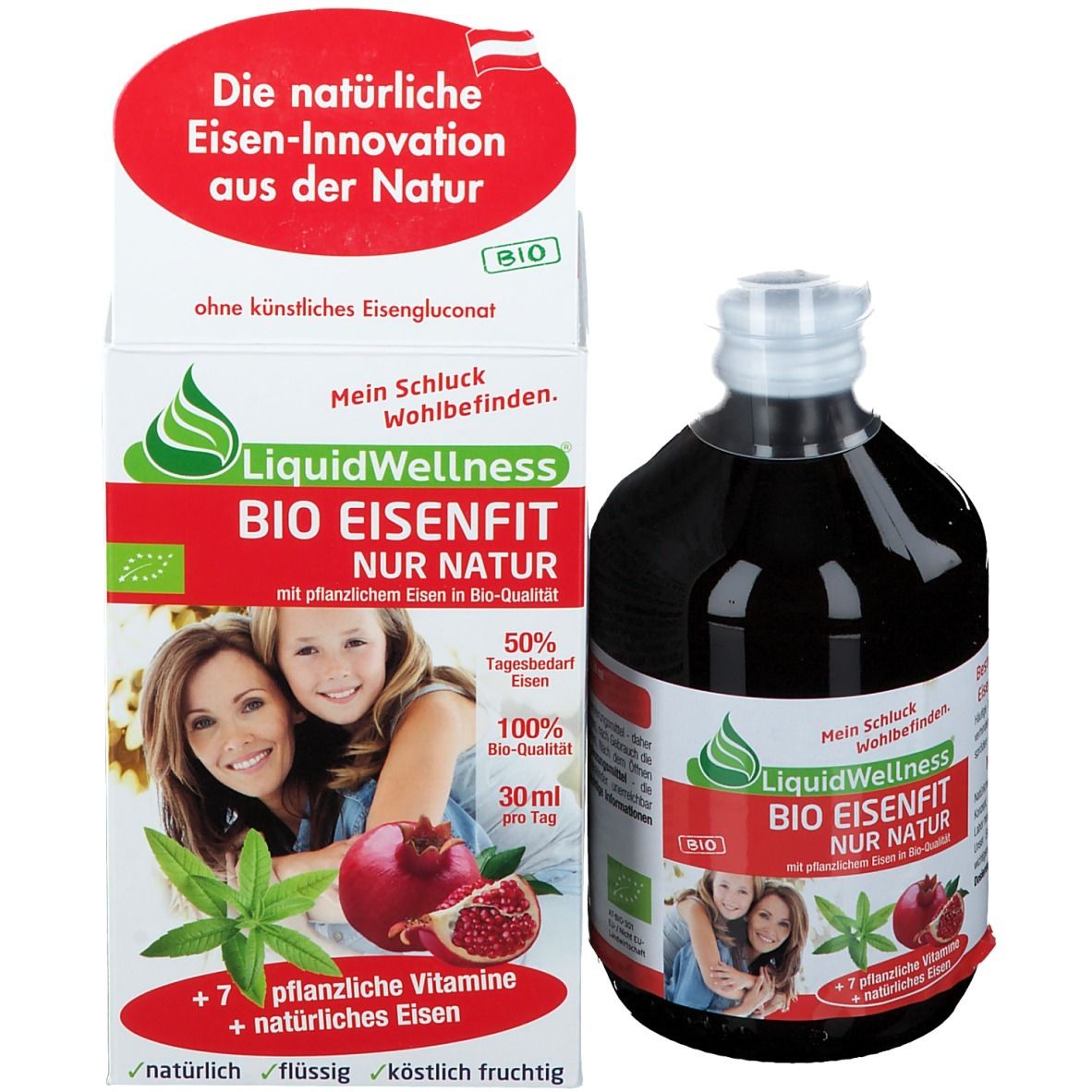 Bouteille et boîte avec le nom du produit LiquidWellness BIO EISENFIT. Boîte avec texte, label bio et illustrations. Bouteille avec liquide brun.