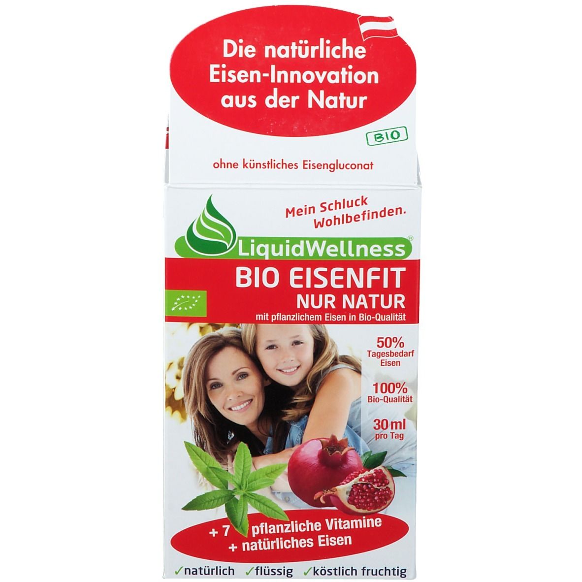 Boîte et bouteille avec le nom du produit LiquidWellness BIO EISENFIT. Boîte avec texte, label bio et illustrations. Bouteille avec liquide brun.