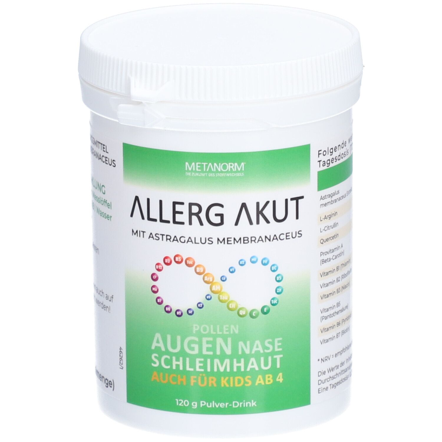 Weißer Behälter mit grünem Etikett. Aufschrift: ALLERG AKUT, METANORM. Regenbogen-Symbol. Text: Augen, Nase, Schleimhaut. Auch für Kids ab 4.