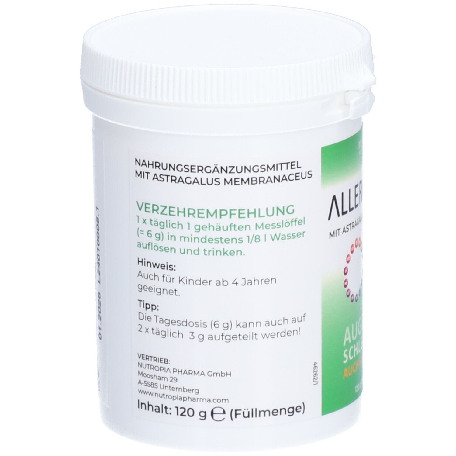 Weißer Behälter mit grünem Etikett. Text: Nahrungsergänzungsmittel mit Astragalus membranaceus. Verzehrempfehlung. Auch für Kinder ab 4 Jahren.