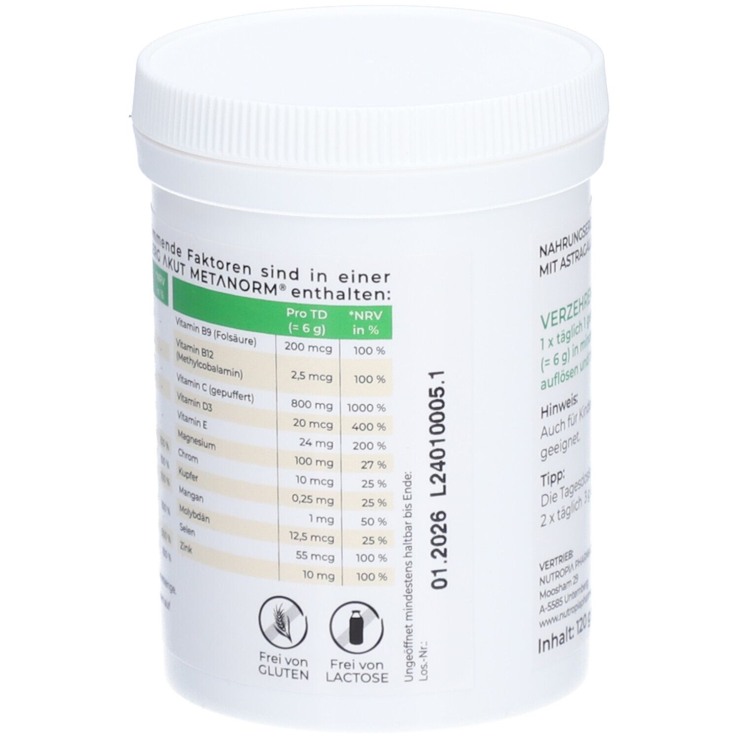 Weißer Behälter mit grünem Etikett. Text: Wertbestimmende Faktoren. Vitamin B9, B12, C, D, E, Magnesium, Chrom, Mangan, Selen, Zink. Gluten- und Laktosefrei.