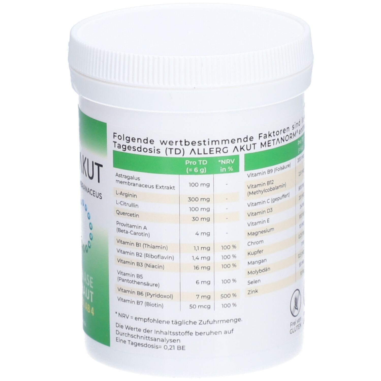 Weißer Behälter mit grünem Etikett. Text: Wertbestimmende Faktoren. Astragalus, L-Arginin, L-Citrullin, Quercetin, Provitamin A, Vitamine B1, B2, B3, B5, B6, B7.