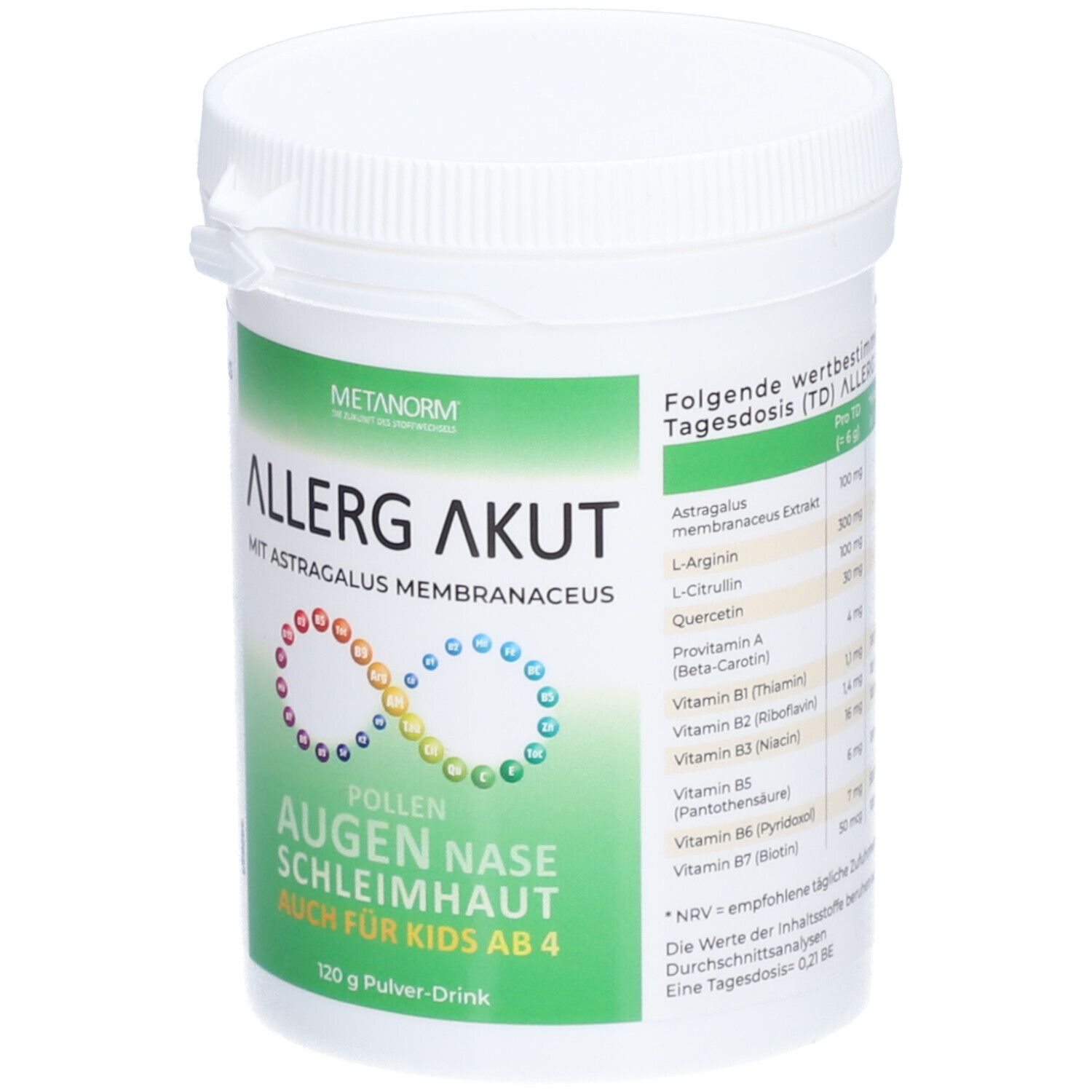 Weißer Behälter mit grünem Etikett. Aufschrift: ALLERG AKUT, METANORM. Regenbogen-Symbol. Text: Augen, Nase, Schleimhaut. Auch für Kids ab 4. 120 g Pulver-Drink.