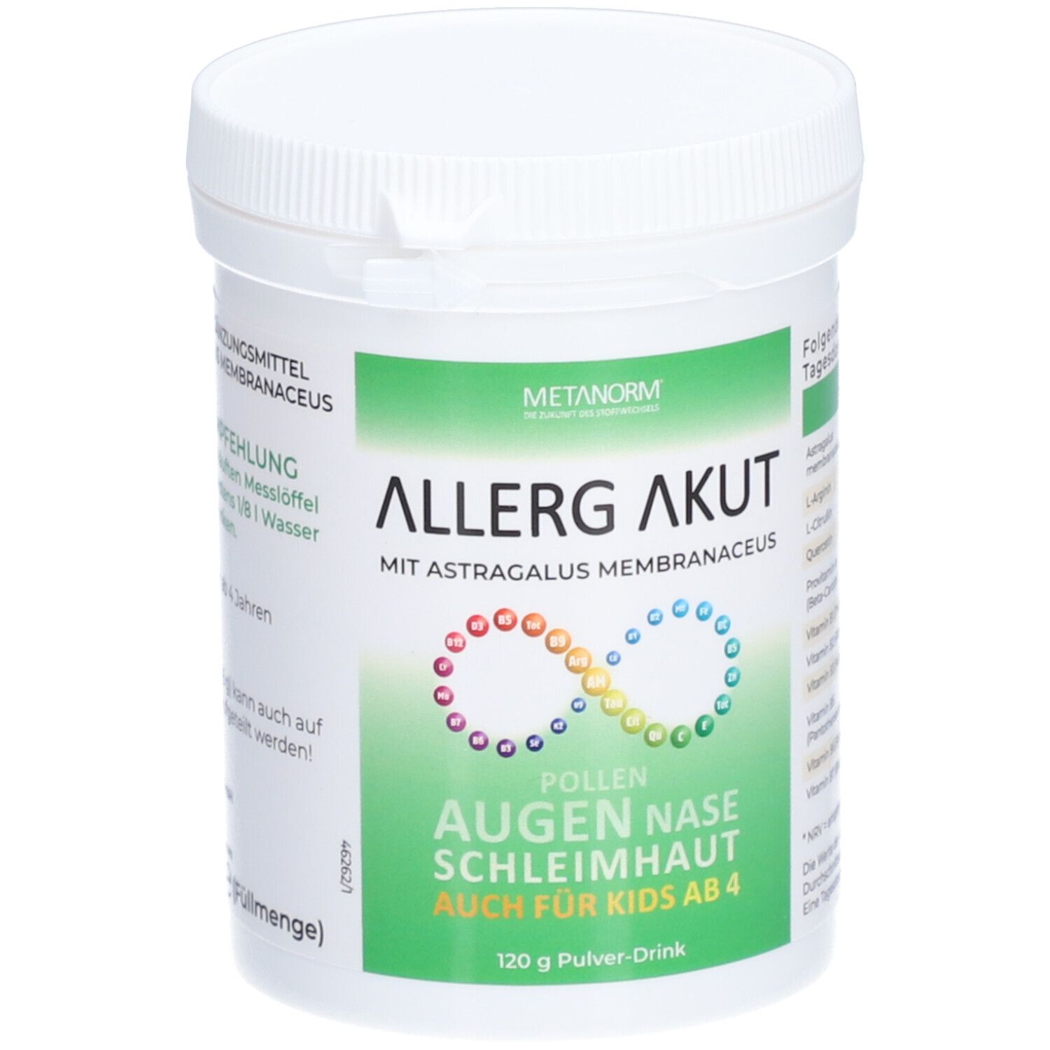 Weißer Behälter mit grünem Etikett. Aufschrift: ALLERG AKUT, METANORM. Regenbogen-Symbol. Text: Augen, Nase, Schleimhaut. Auch für Kids ab 4. 120 g Pulver-Drink.