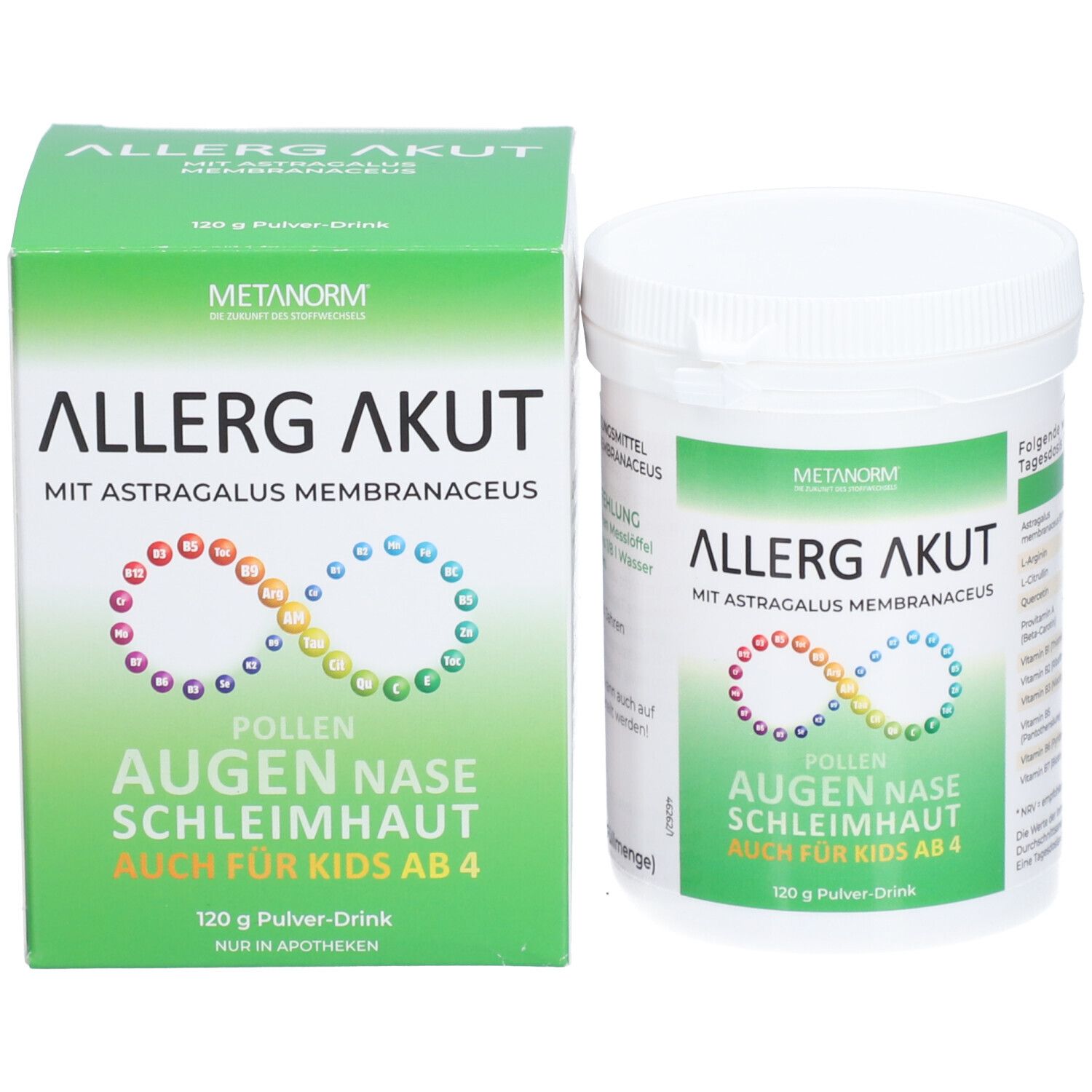 Grüne Schachtel und weißer Behälter. Aufschrift: ALLERG AKUT, METANORM. Regenbogen-Symbol. Text: Augen, Nase, Schleimhaut. Auch für Kids ab 4. 120 g Pulver-Drink.