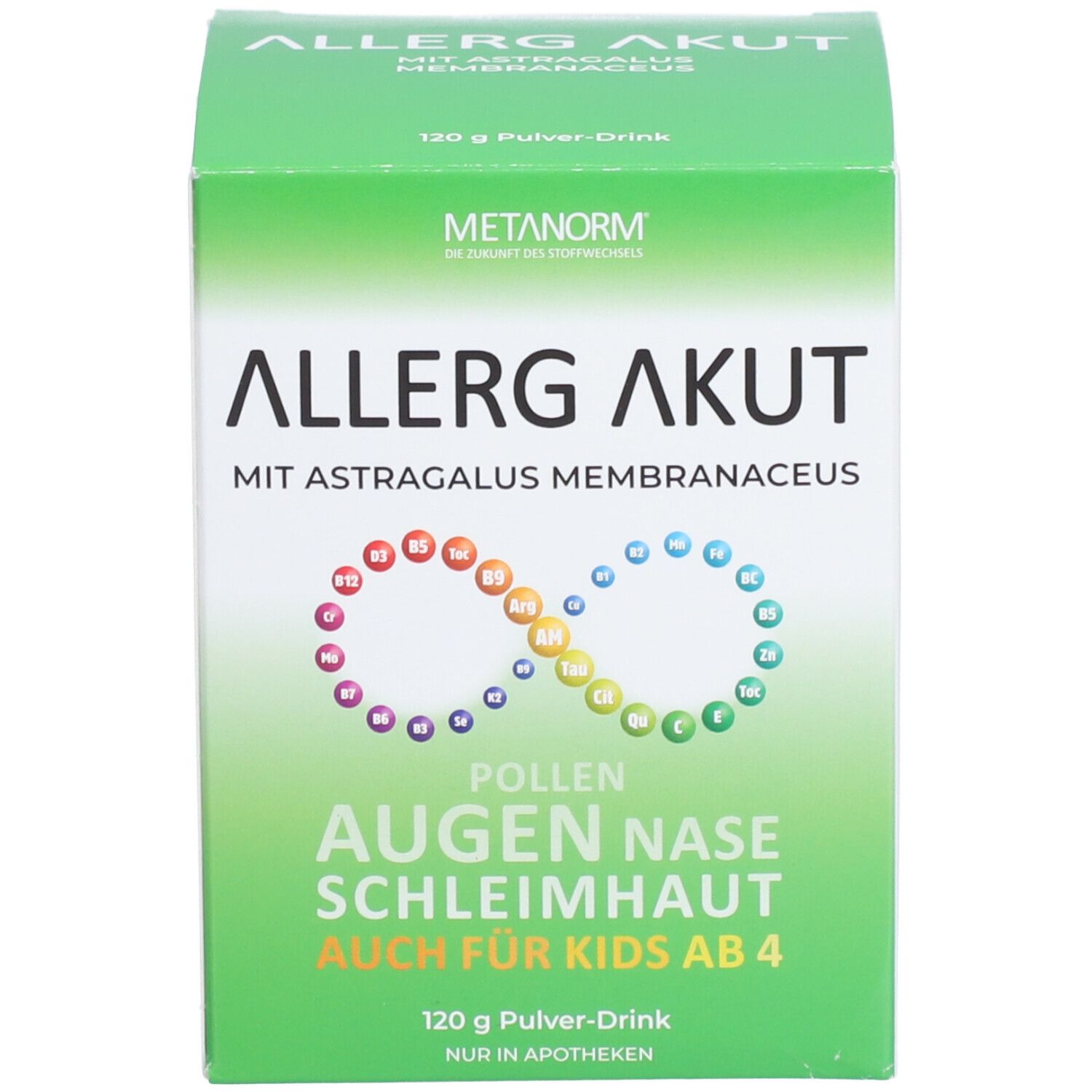 Grüne Schachtel. Aufschrift: ALLERG AKUT, METANORM. Regenbogen-Symbol. Text: Augen, Nase, Schleimhaut. Auch für Kids ab 4. 120 g Pulver-Drink.