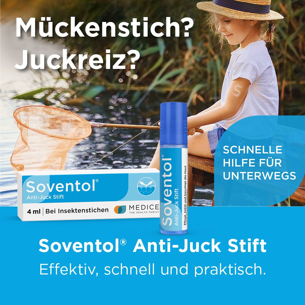 Kind am See mit Soventol® Anti-Juck Stift. Text: Mückenstich? Juckreiz? Schnelle Hilfe für unterwegs.