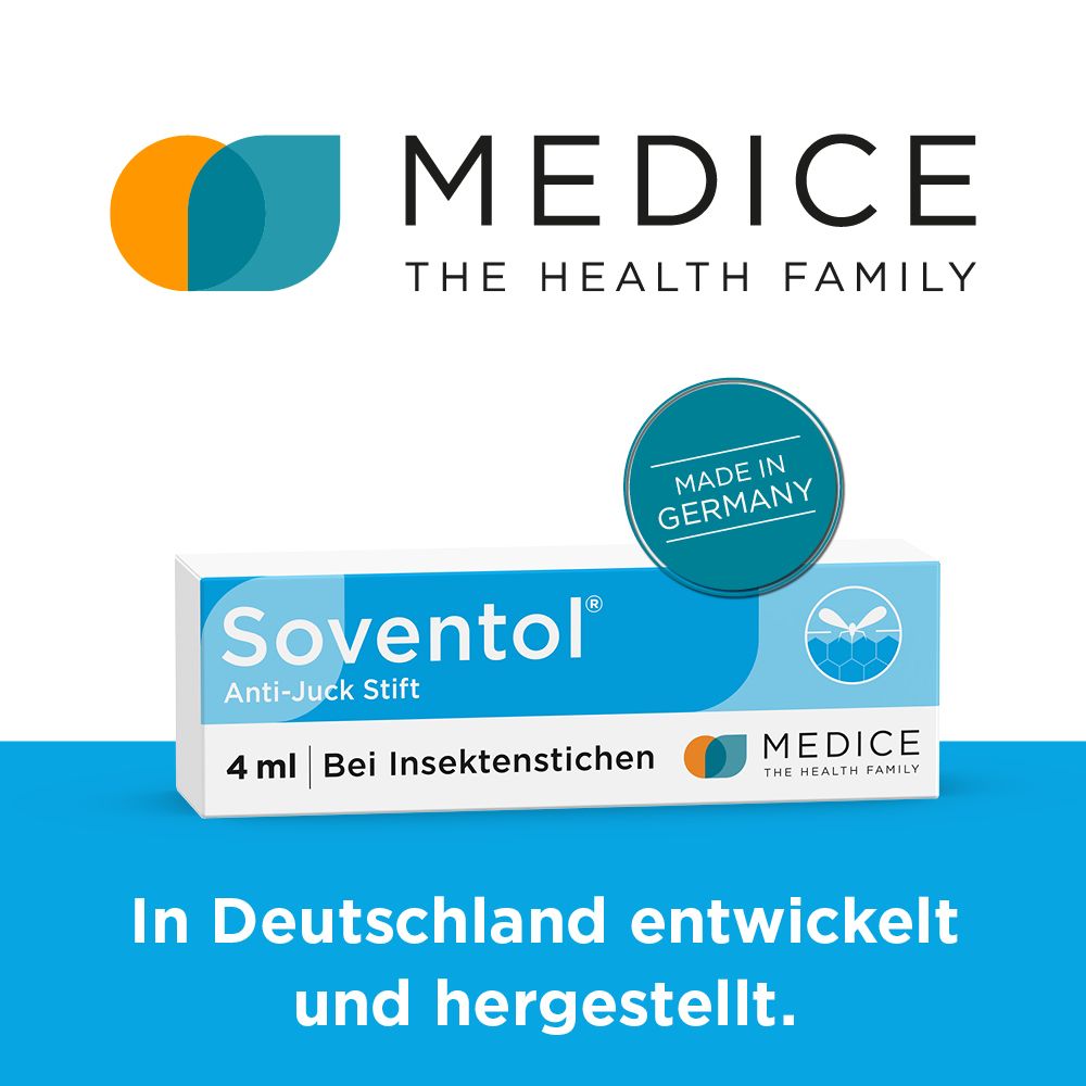 Soventol® Anti-Juck Stift-Verpackung und Logo. Text: In Deutschland entwickelt und hergestellt.