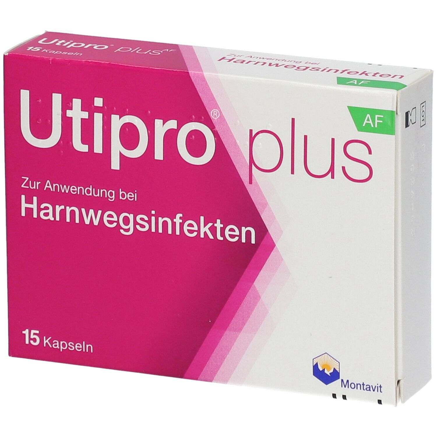 Utipro plus Packung. Rosa-weiße Schachtel mit Produktnamen und Text zur Anwendung bei Harnwegsinfekten. 15 Kapseln.