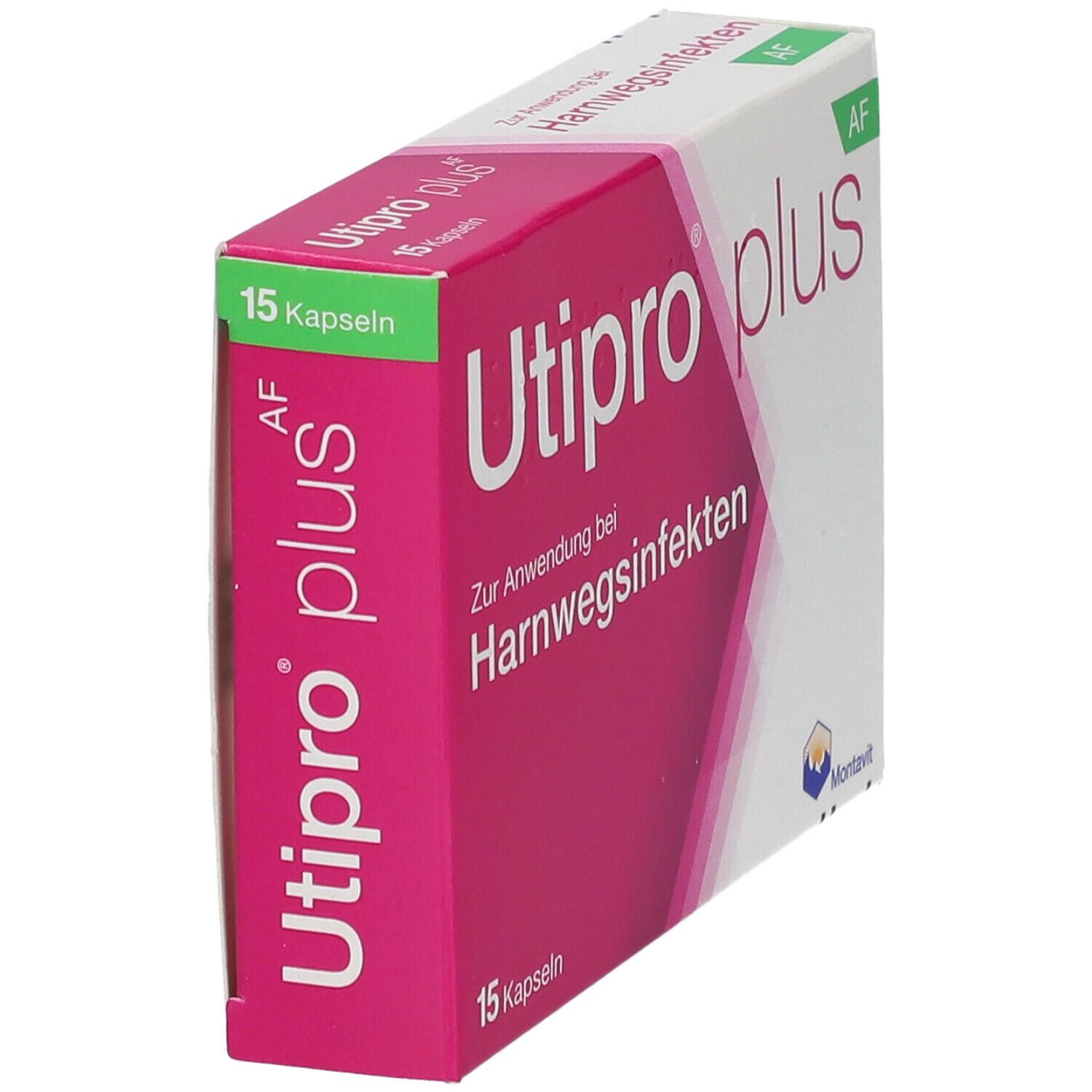 Utipro plus Packung. Schachtel in Schrägansicht. Rosa-weiße Farben. Produktname und Text für Harnwegsinfektionen. 15 Kapseln.