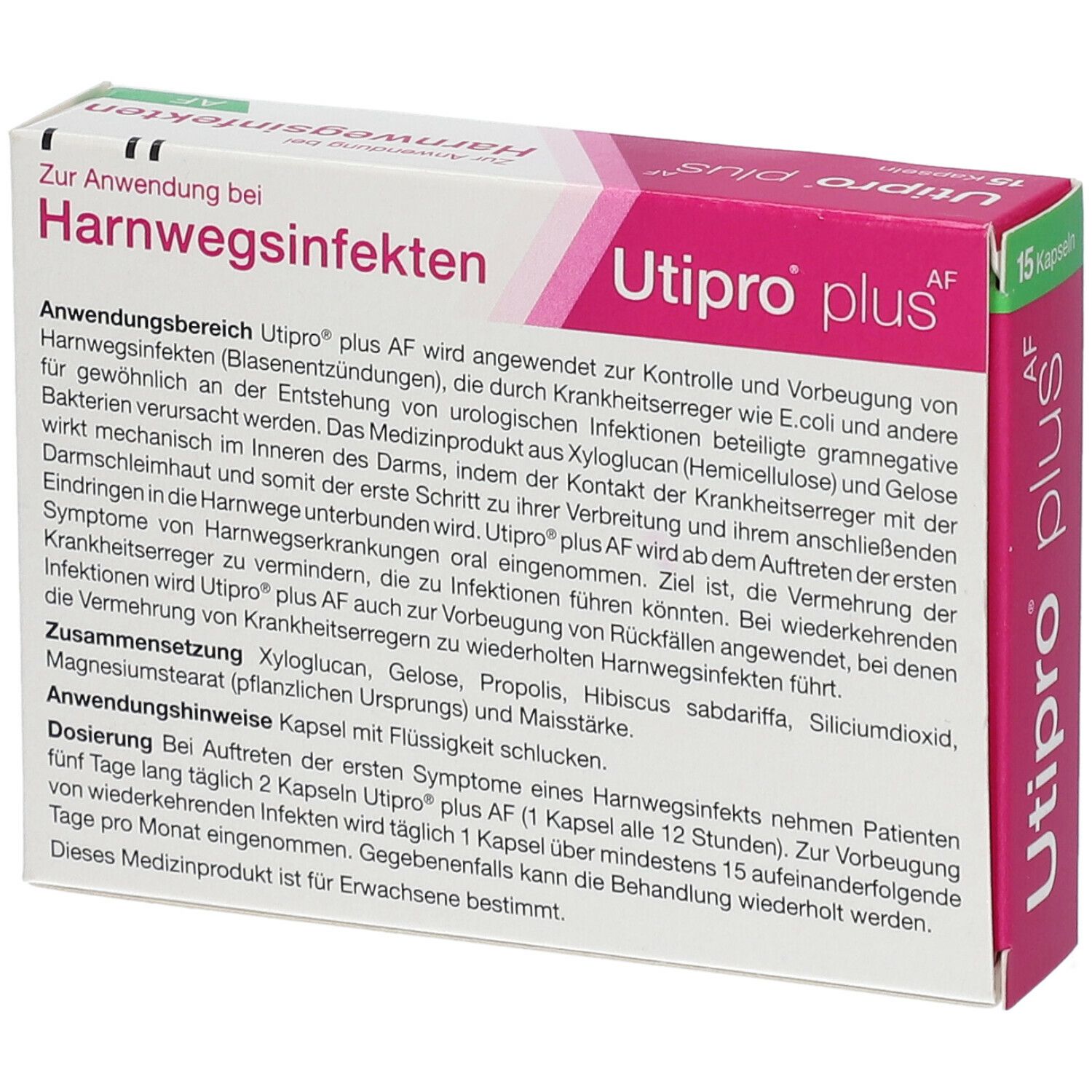 Utipro plus Packungsrückseite. Text über Anwendung bei Harnwegsinfekten. Inhaltsstoffe und Dosierung. Weißer Hintergrund.