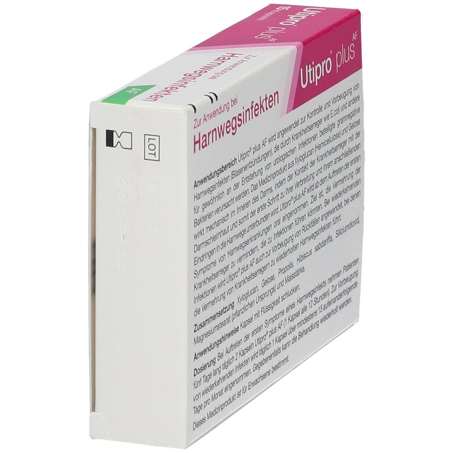 Utipro plus Packung. Seitenansicht mit Text zur Anwendung bei Harnwegsinfekten. Weißer Hintergrund.