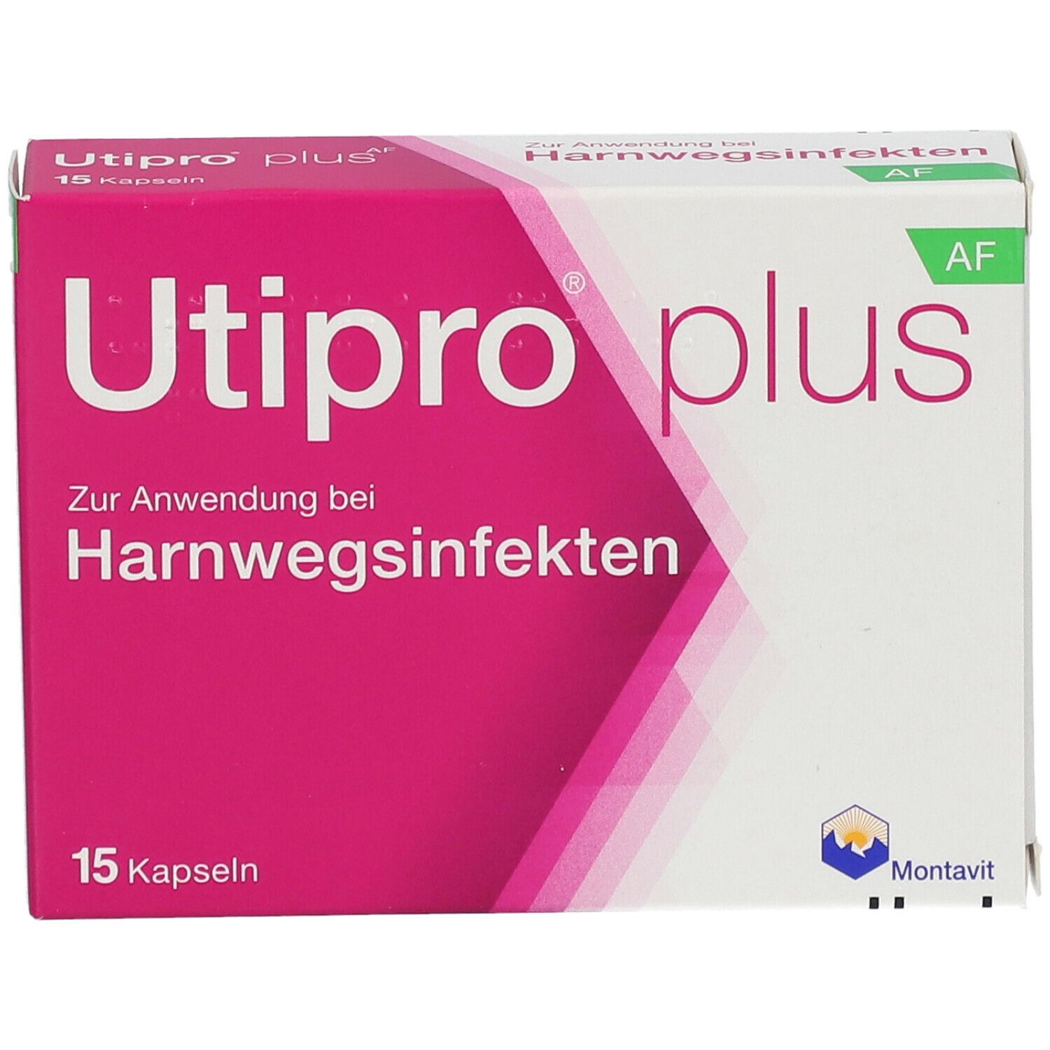 Utipro plus Packung. Rosa-weiße Schachtel mit Produktnamen und Text zur Anwendung bei Harnwegsinfekten. 15 Kapseln.