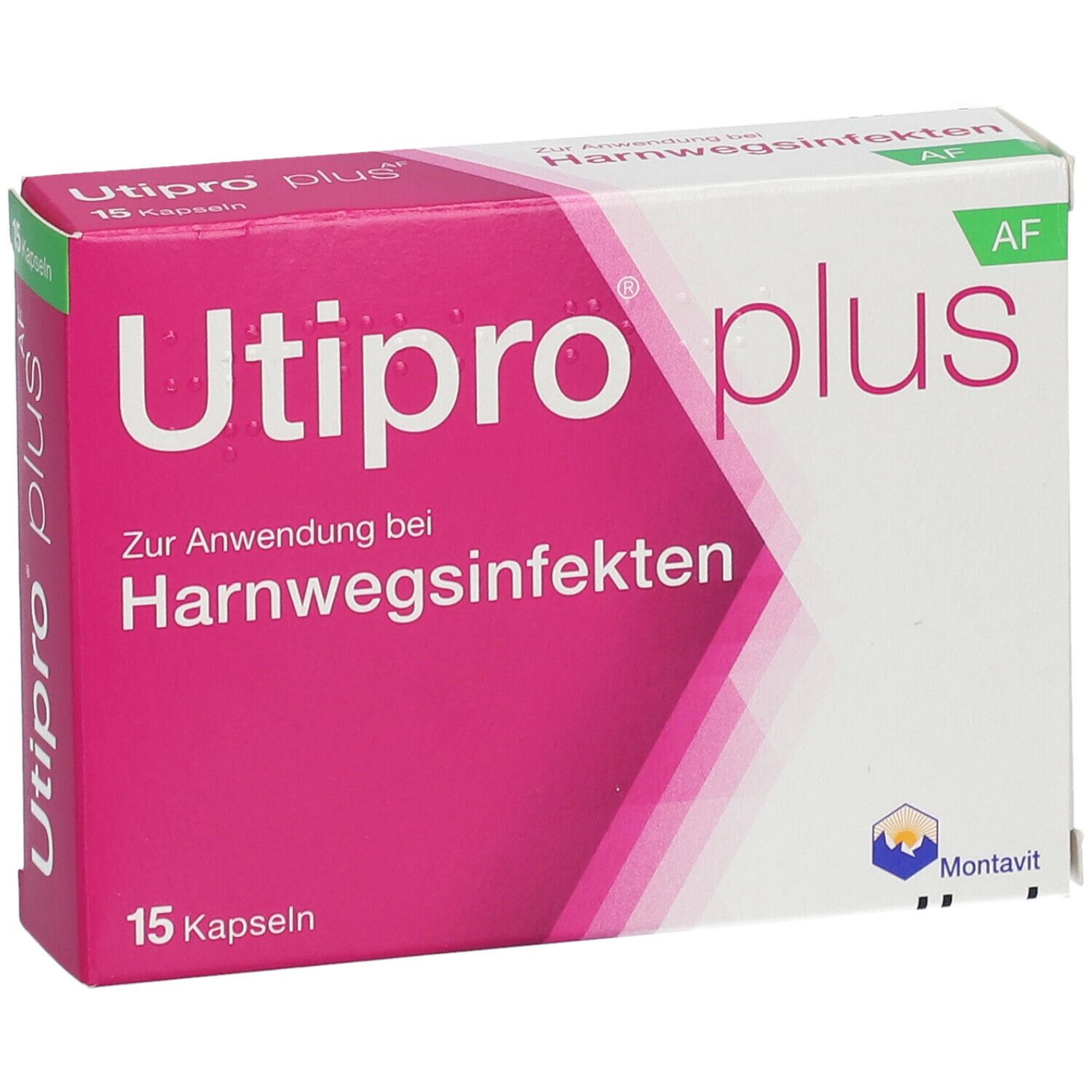 Utipro plus Packung. Rosa-weiße Schachtel mit Produktnamen und Text zur Anwendung bei Harnwegsinfekten. 15 Kapseln.