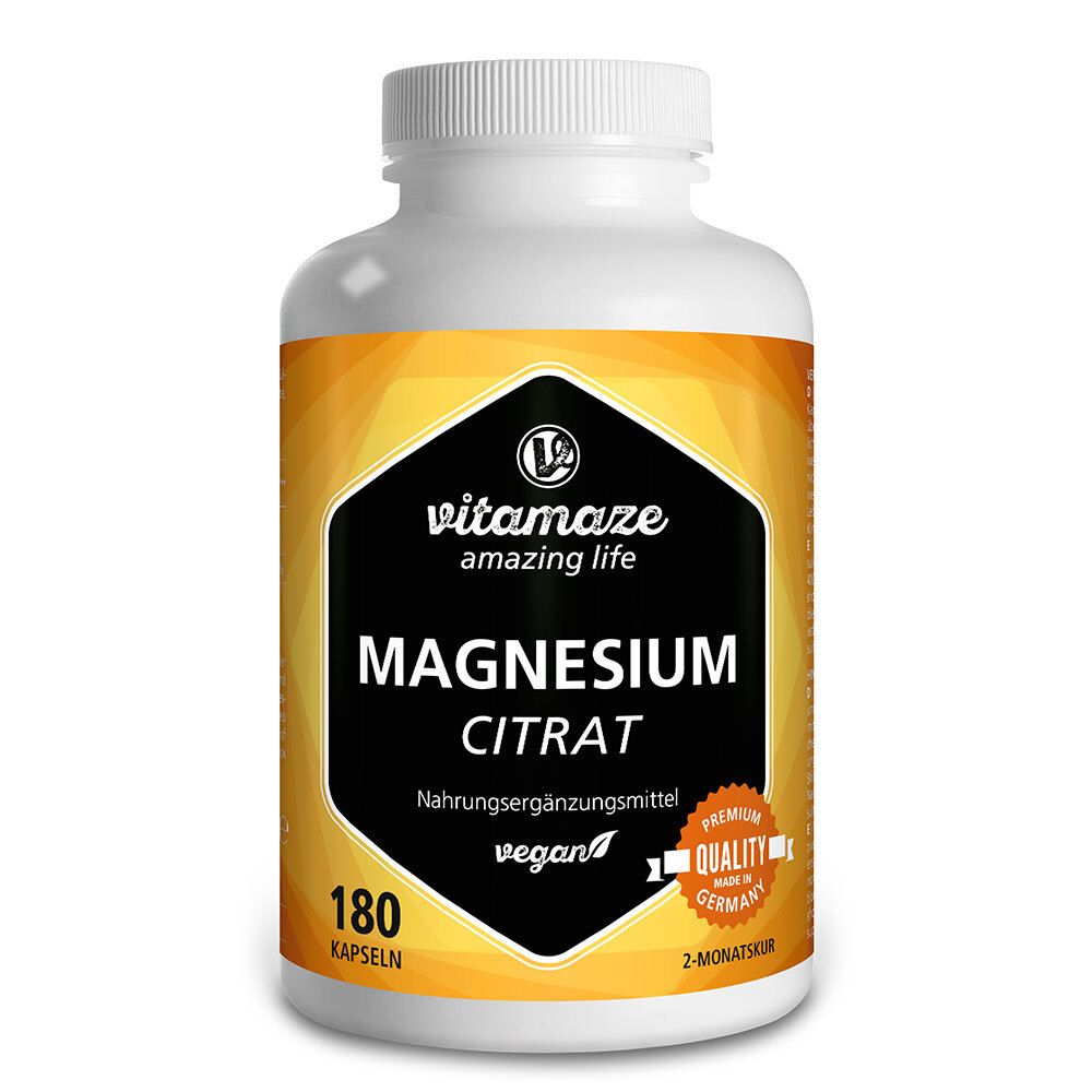 Weiße Flasche mit schwarzem Etikett. Aufschrift: Magnesium Citrat, 180 Kapseln, vegan. Premium Quality.
