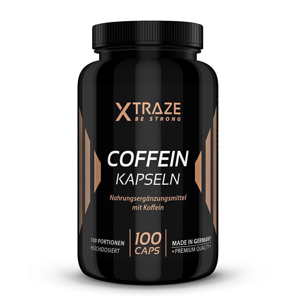 Schwarze Flasche mit "Xtraze" und "Coffein Kapseln" Aufschrift. 100 Kapseln, Nahrungsergänzungsmittel.