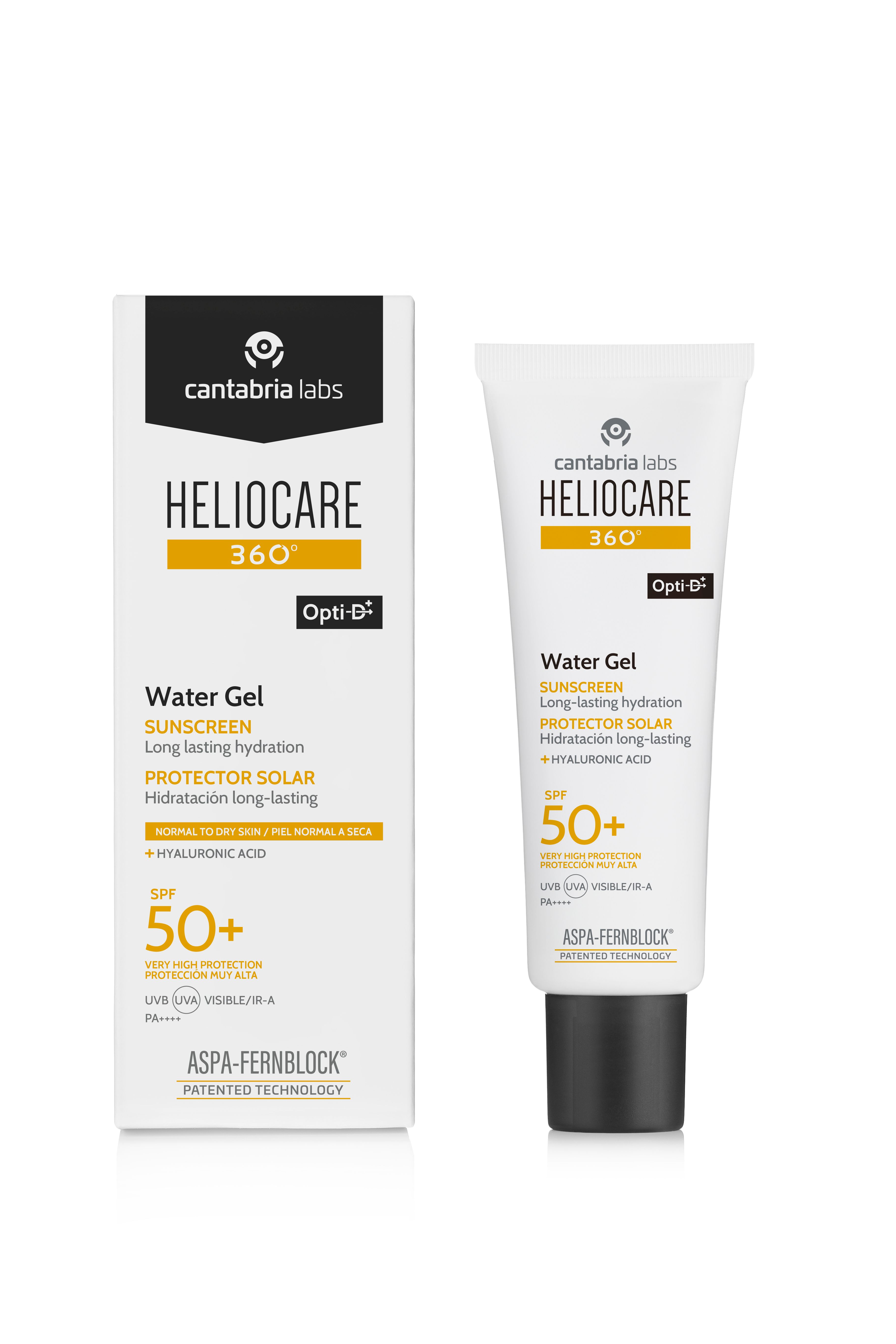 HELIOCARE 360° Water Gel LSF 50+ und Verpackung. Weiß mit gelben Akzenten. Aufschrift: SUNSCREEN, SPF 50+.