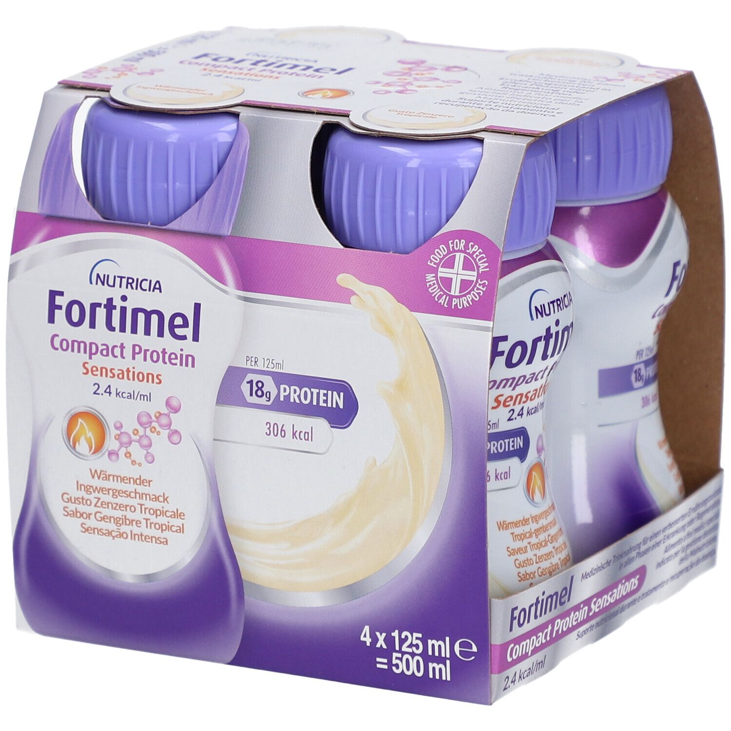 Packung mit vier Flaschen. Aufschrift: Fortimel Compact Protein Sensations. 2,4 kcal/ml. Wärmender Ingwergeschmack.
