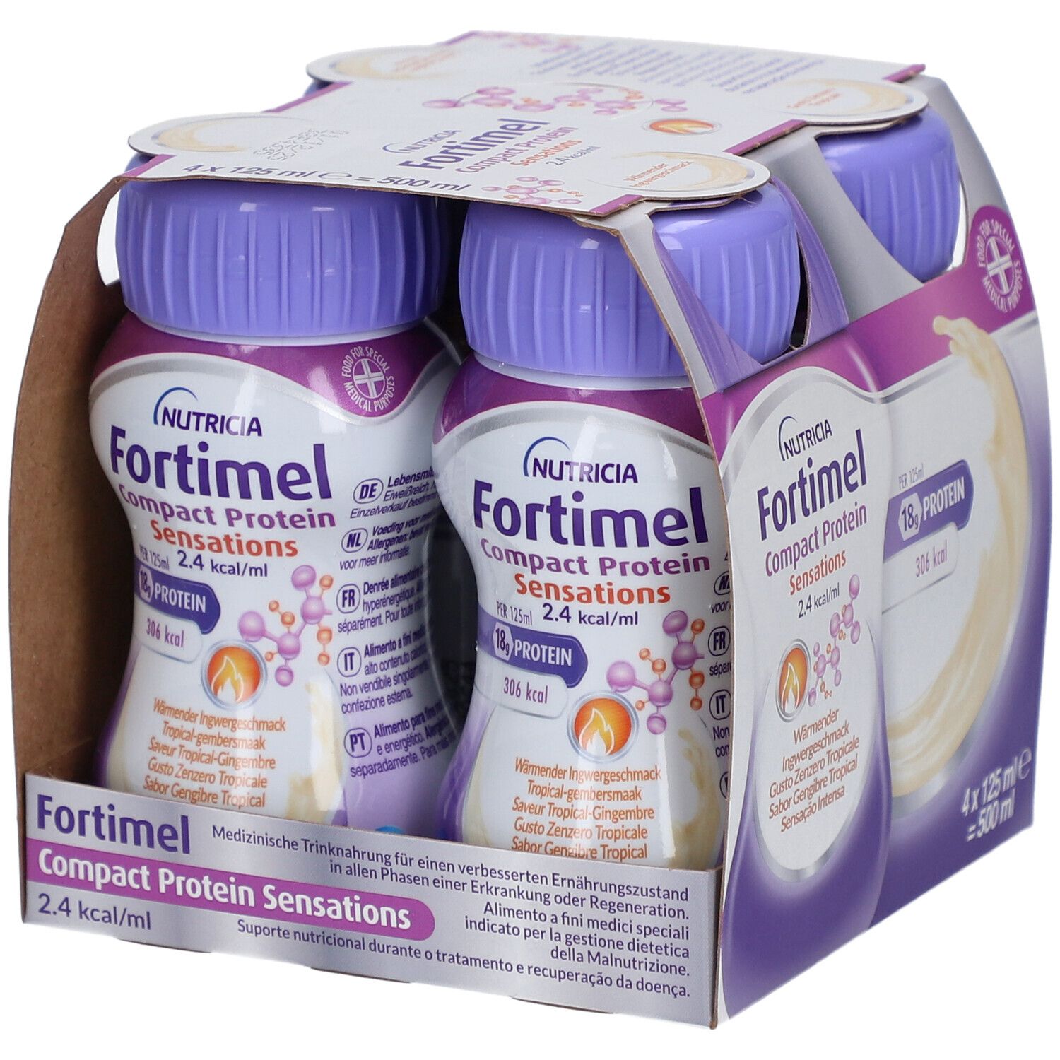 Packung mit vier Flaschen. Aufschrift: Fortimel Compact Protein Sensations. 2,4 kcal/ml. 18g Protein. 306 kcal.