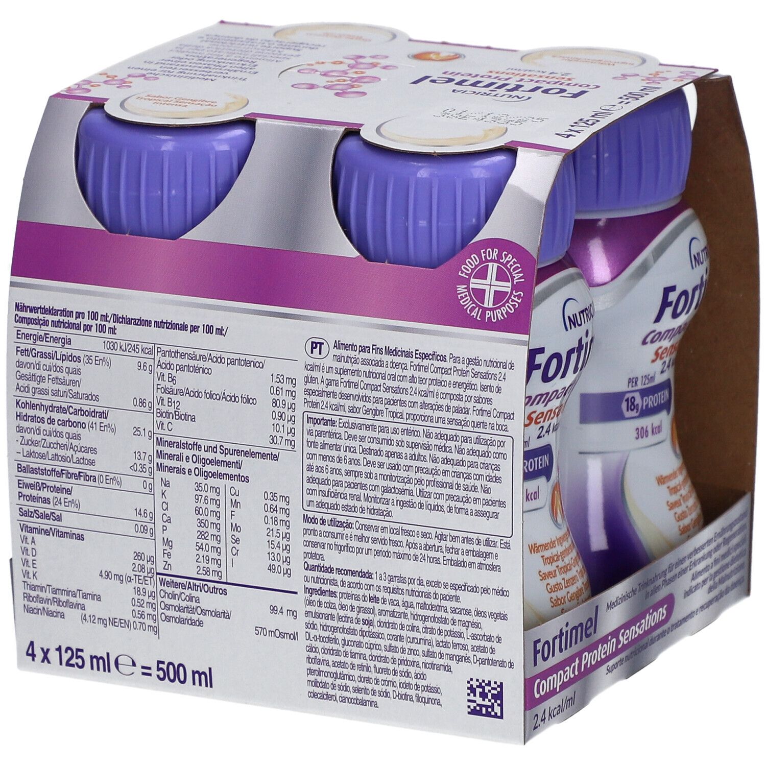 Packung mit vier Flaschen. Aufschrift: Fortimel Compact Protein Sensations. 2,4 kcal/ml. Nährwertangaben und Inhaltsstoffe.