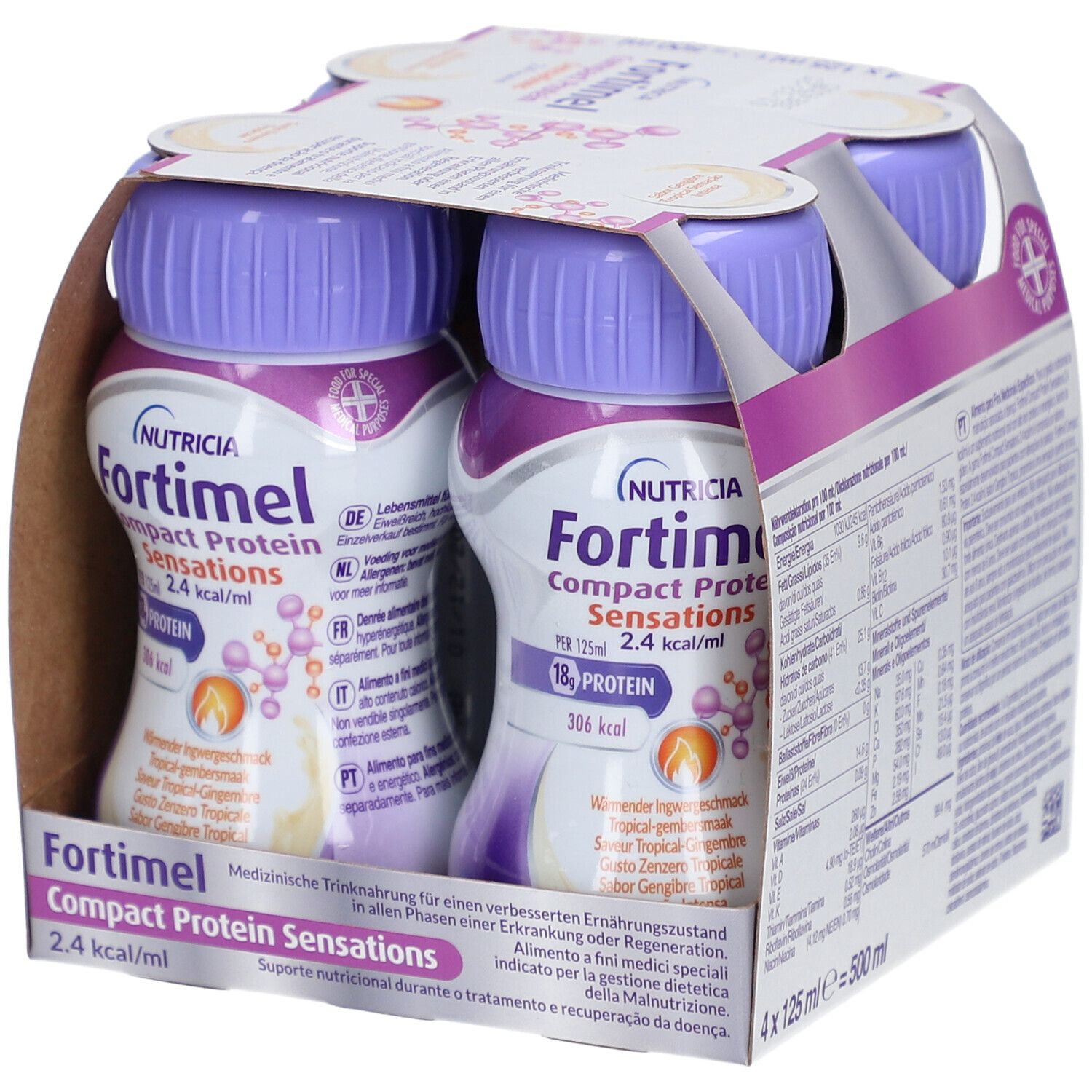 Packung mit vier Flaschen. Aufschrift: Fortimel Compact Protein Sensations. 2,4 kcal/ml. 18g Protein. 306 kcal.