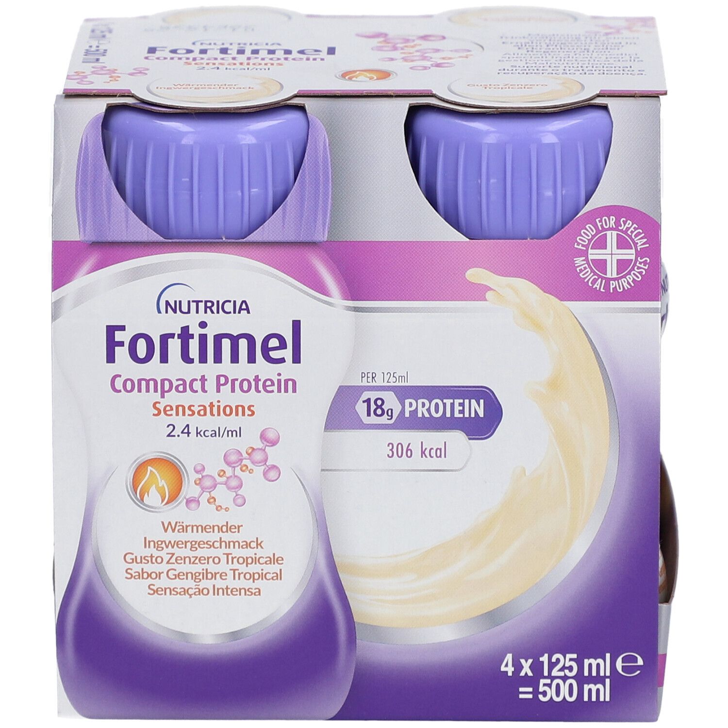 Packung mit zwei Flaschen. Aufschrift: Fortimel Compact Protein Sensations. 2,4 kcal/ml. Wärmender Ingwergeschmack. 4 x 125 ml.