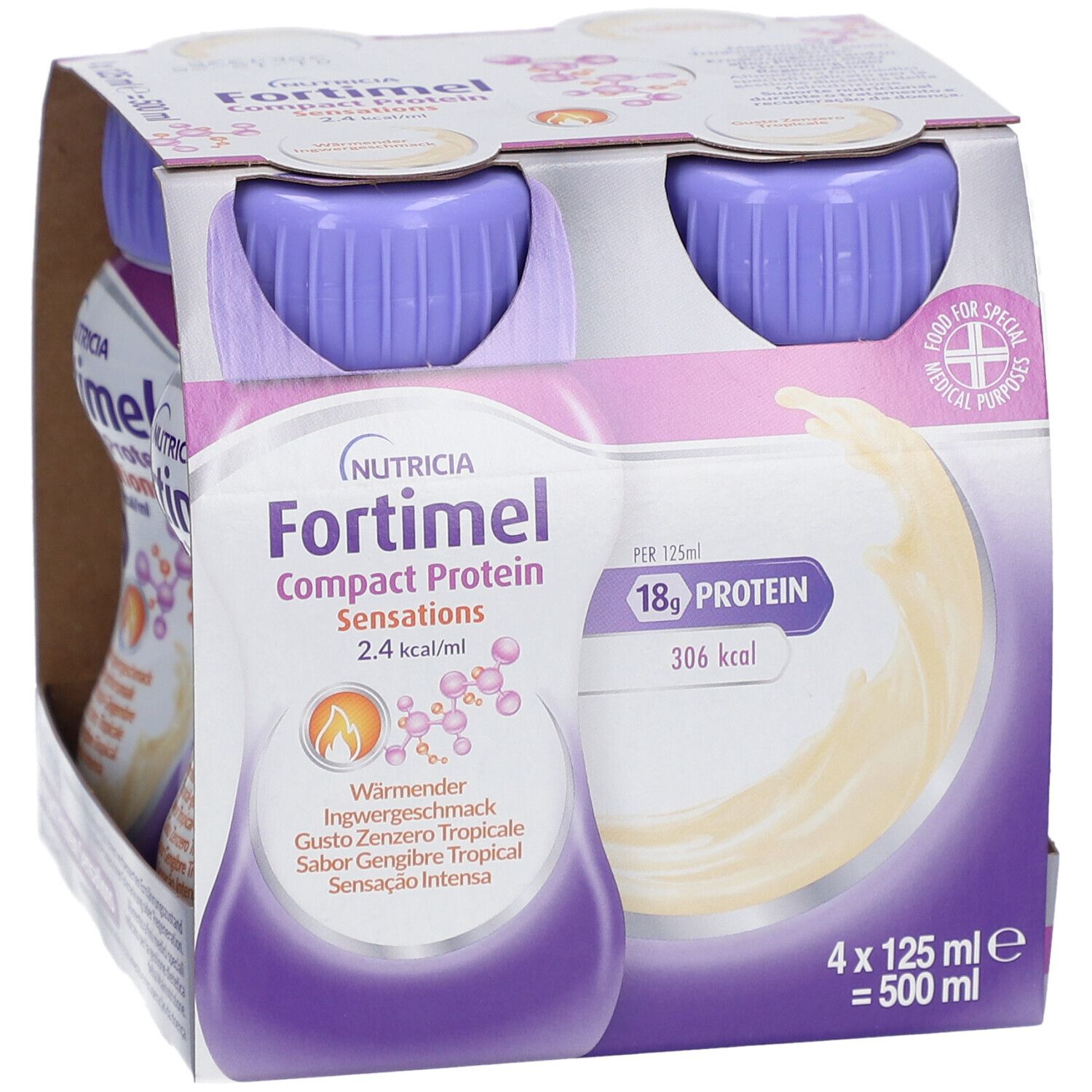 Packung mit zwei Flaschen. Aufschrift: Fortimel Compact Protein Sensations. 2,4 kcal/ml. Wärmender Ingwergeschmack. 4 x 125 ml.
