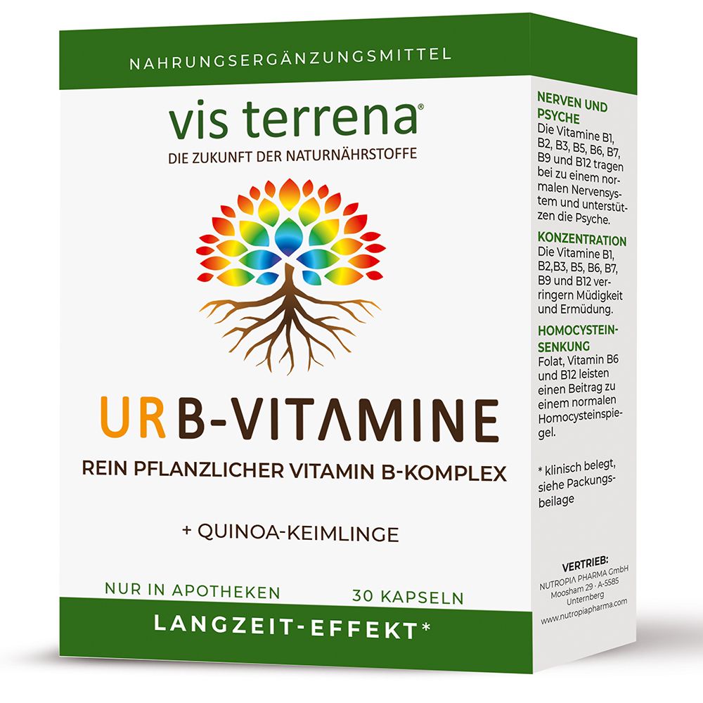 Weißer Karton mit grünen Akzenten. Aufschrift: URB-B-VITAMINE, vis terrena, + Quinoa-Keimlinge. 30 Kapseln. Langzeit-Effekt.