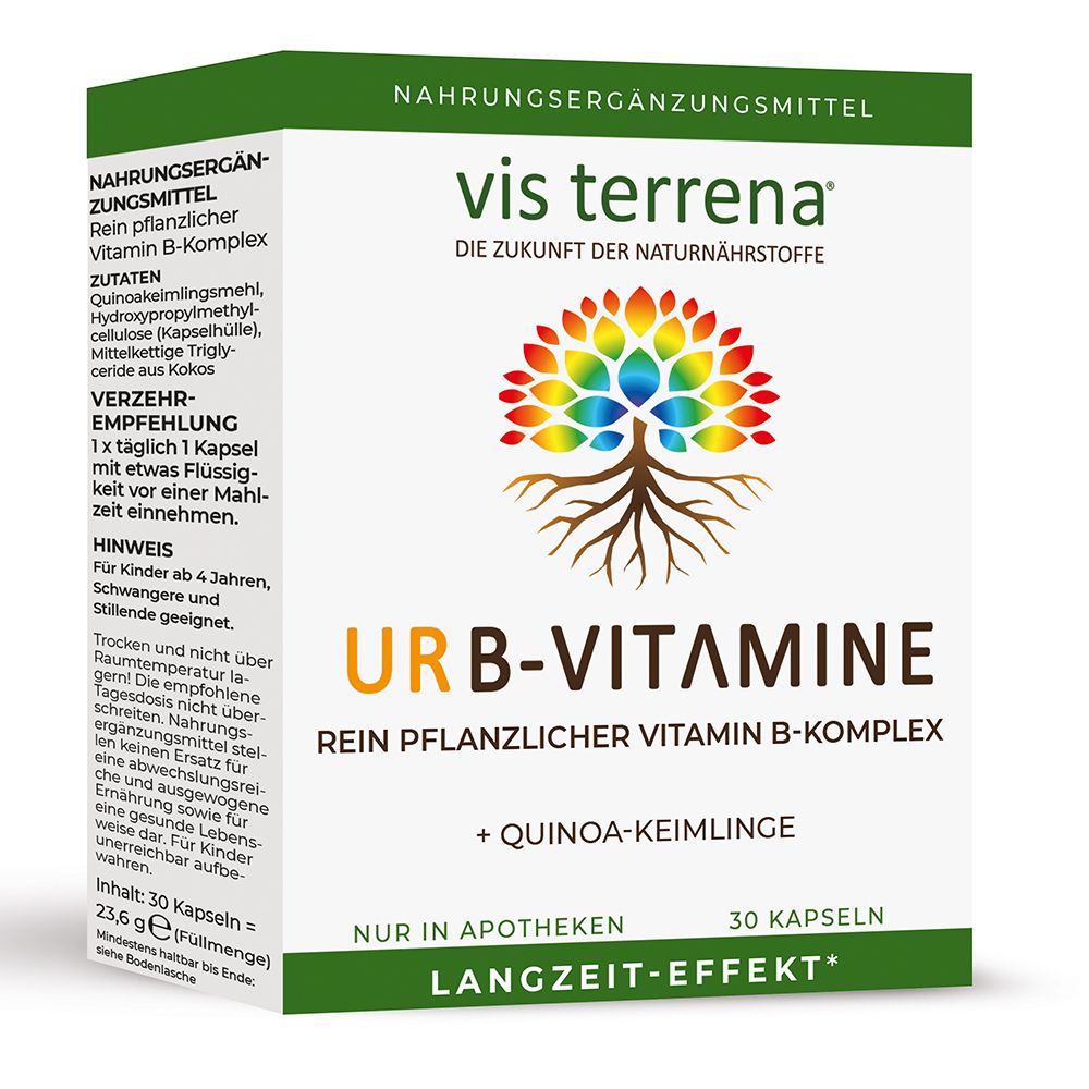 Weißer Karton mit grünen Akzenten. Aufschrift: URB-B-VITAMINE, vis terrena, + Quinoa-Keimlinge. 30 Kapseln. Inhaltsstoffe und Verzehrempfehlung.