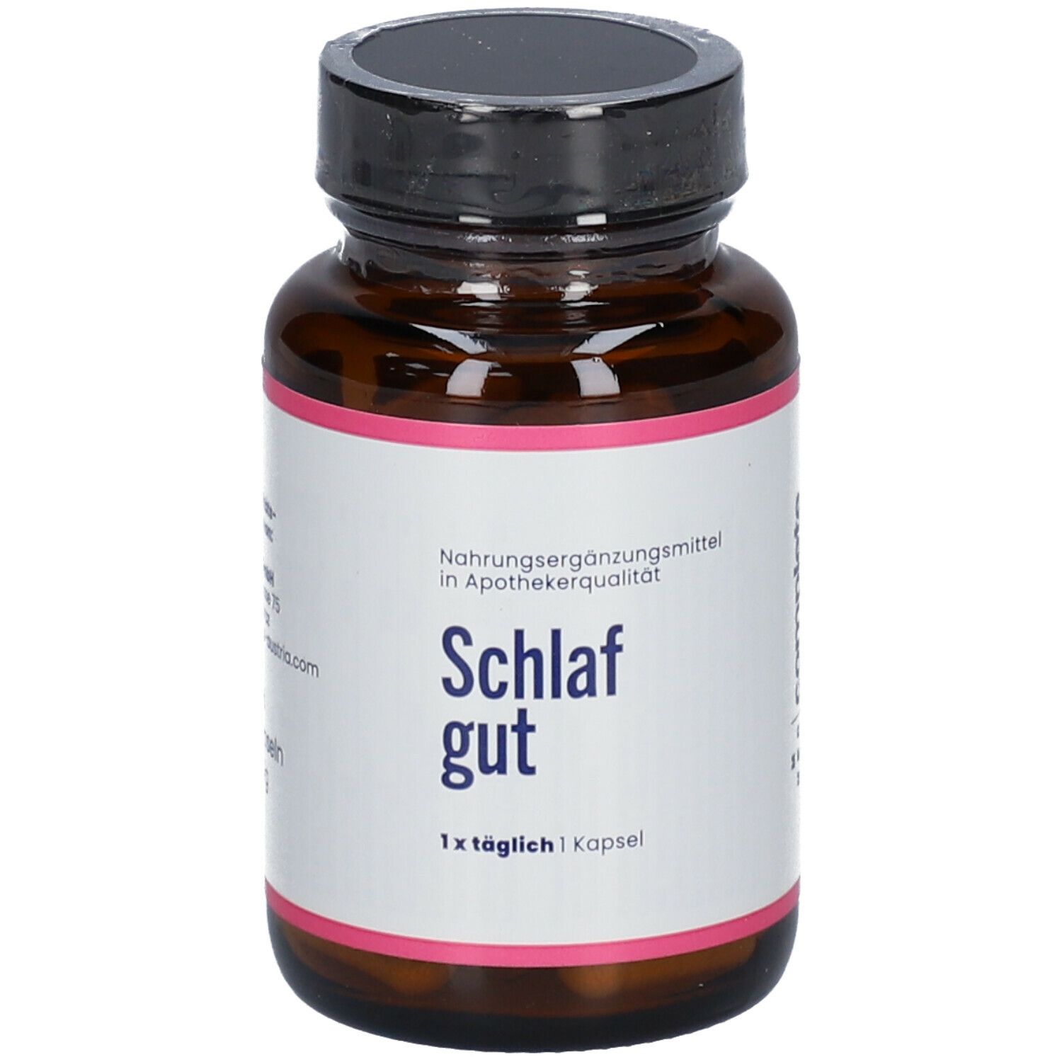 Braune Glasflasche mit schwarzem Deckel. Aufschrift 'Schlaf gut'. Rosa Etikett mit weißer Schrift. Nahrungsergänzungsmittel.
