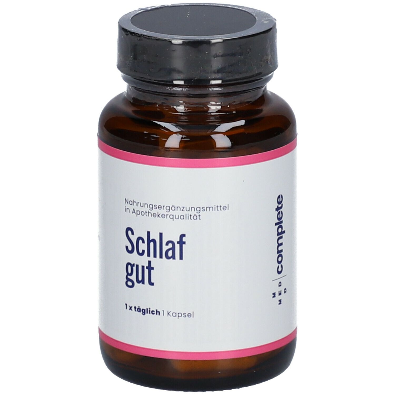 Braune Glasflasche mit schwarzem Deckel. Rosa Etikett mit weißer Schrift. 'Schlaf gut' und '1x täglich 1 Kapsel'. Nahrungsergänzungsmittel.