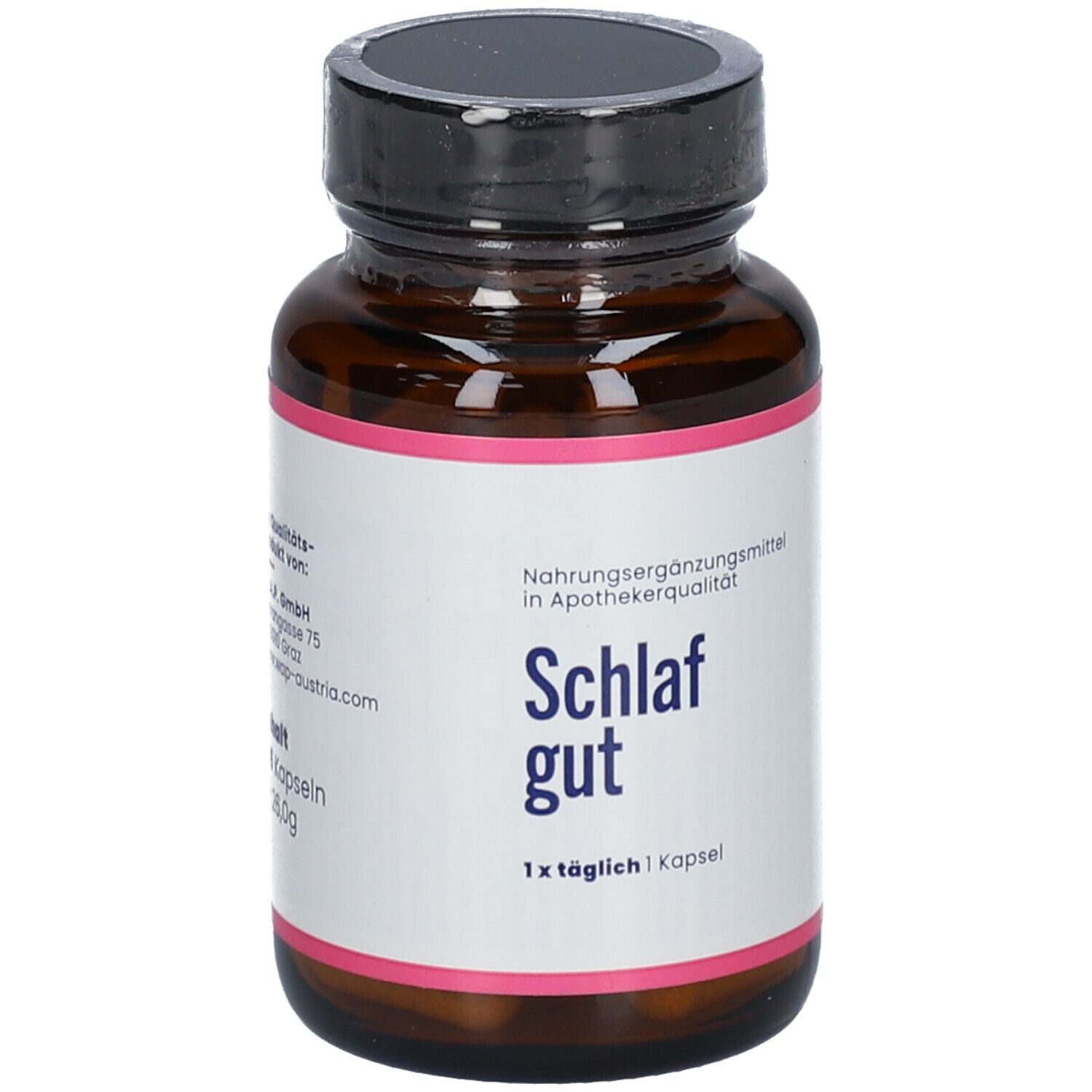 Braune Glasflasche mit schwarzem Deckel. Rosa Etikett mit weißer Schrift. 'Schlaf gut' und '1x täglich 1 Kapsel'. Nahrungsergänzungsmittel.