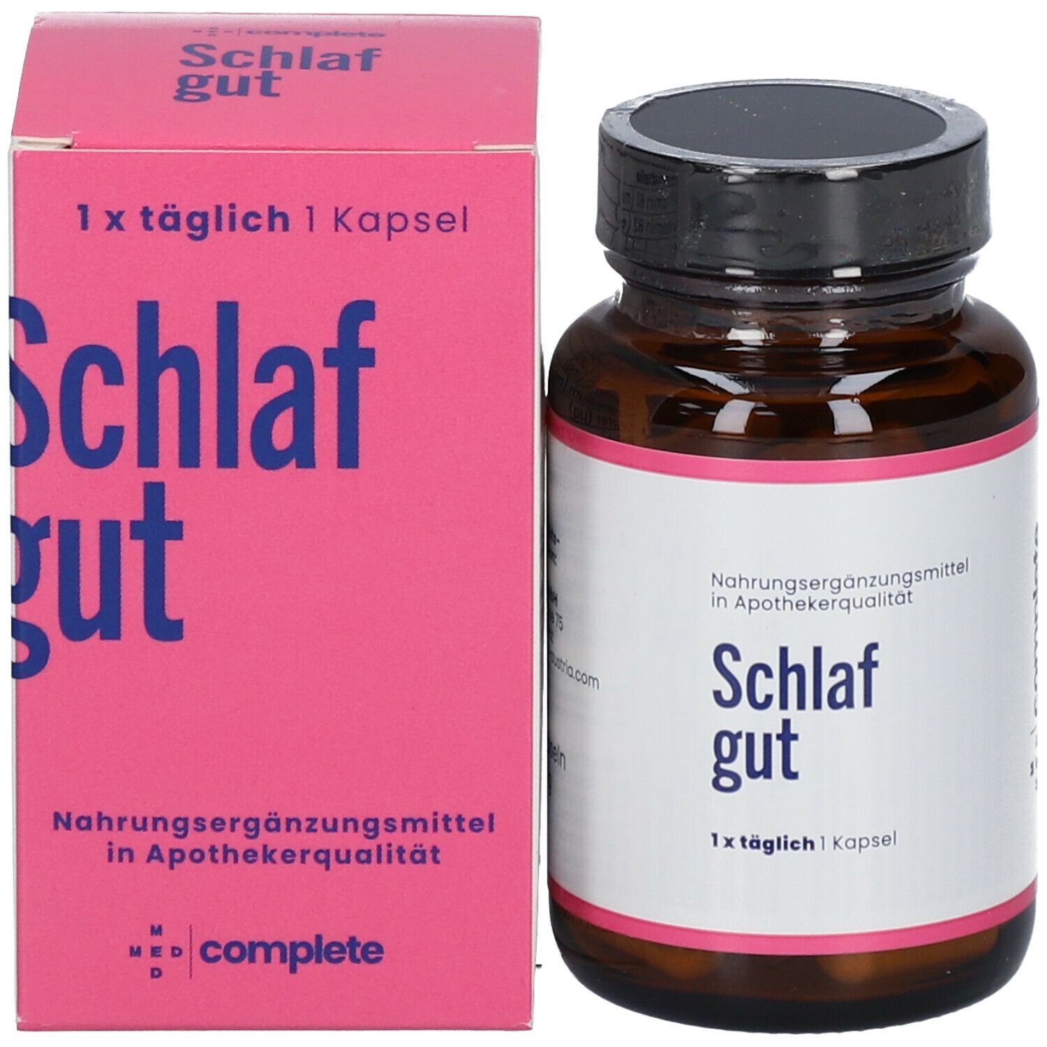 Produktverpackung mit Flasche. Rosa Schachtel mit 'Schlaf gut' Schriftzug. Braune Glasflasche mit schwarzem Deckel. Nahrungsergänzungsmittel.