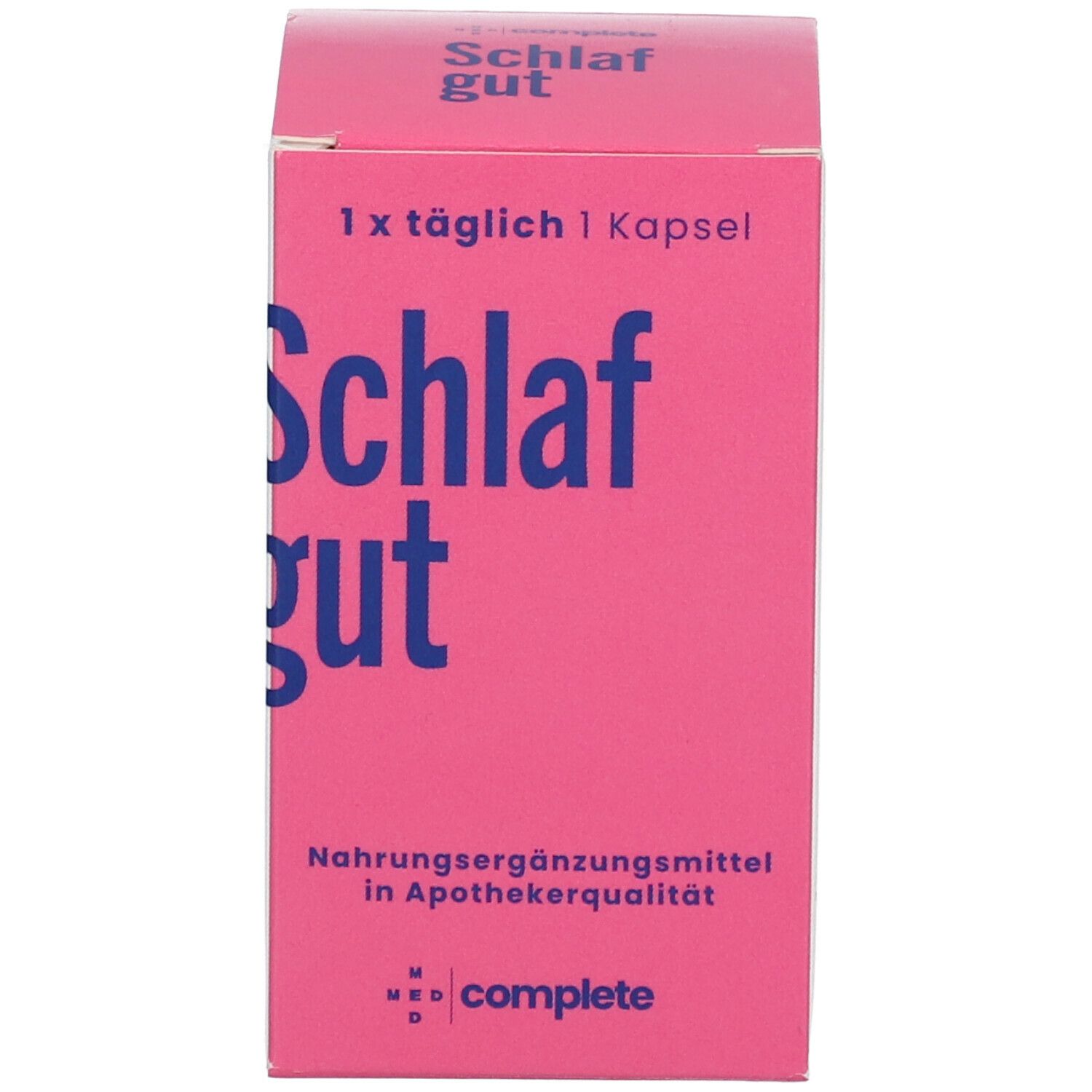 Rosa Schachtel mit blauem 'Schlaf gut' Schriftzug. '1x täglich 1 Kapsel'. 'MED complete' Logo. Nahrungsergänzungsmittel in Apothekerqualität.