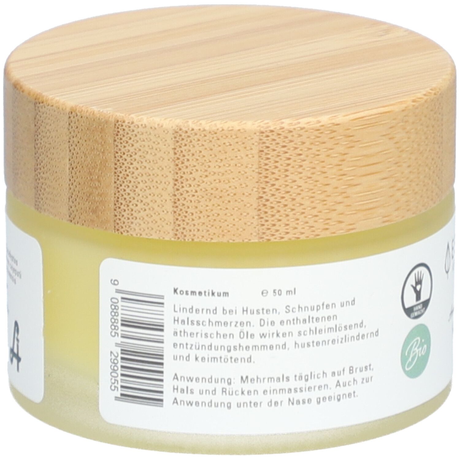 Creme-Tiegel mit Holzdeckel. Aufschrift: Kosmetikum, 50 ml. Text zur Anwendung. Bio-Siegel. Handgemacht-Siegel. Barcode.