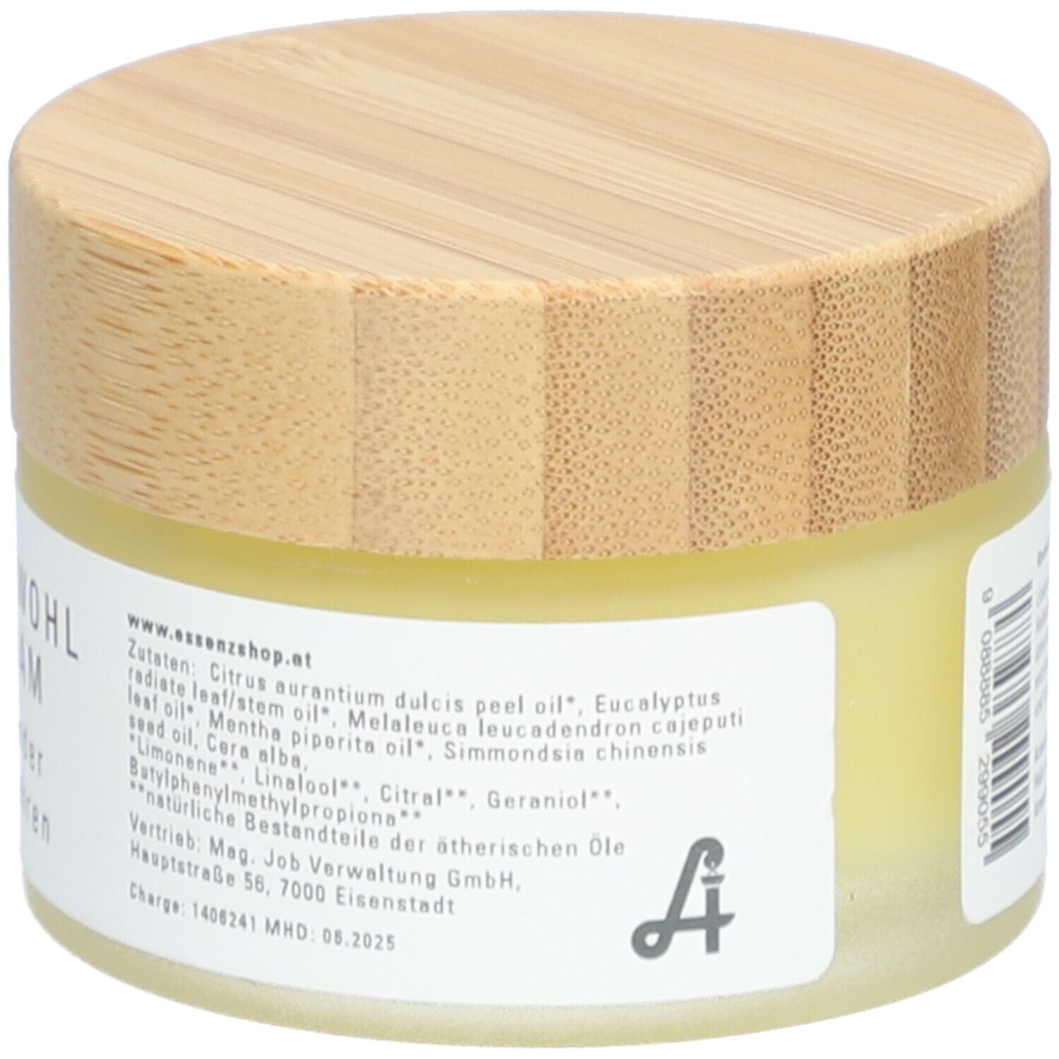 Creme-Tiegel mit Holzdeckel. Aufschrift: Zutatenliste, www.essenzshop.at. Logo. Text. Chargennummer und MHD.