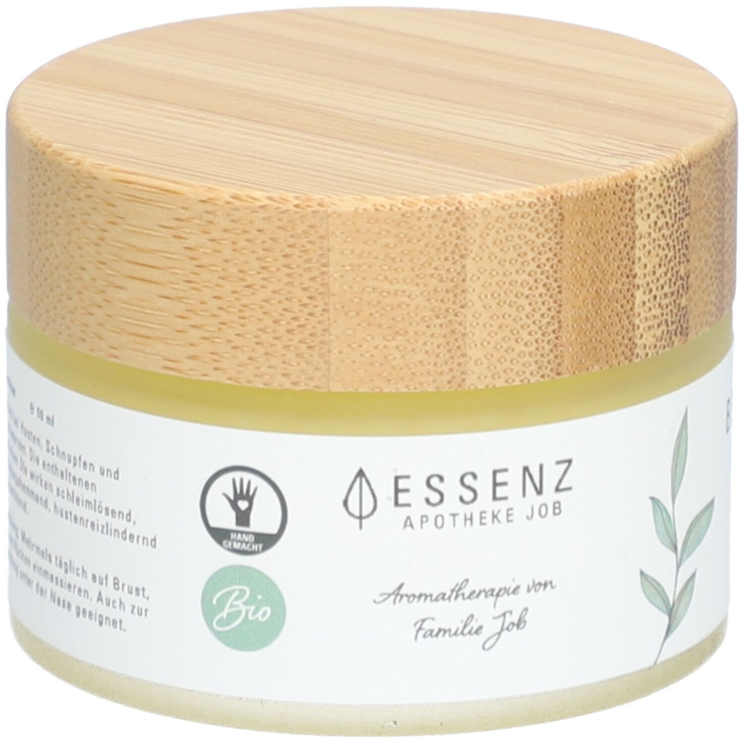 Creme-Tiegel mit Holzdeckel. Aufschrift: ESSENZ, Apotheke Job, Bio. Handgemacht-Siegel. Aromatherapie von Familie Job.