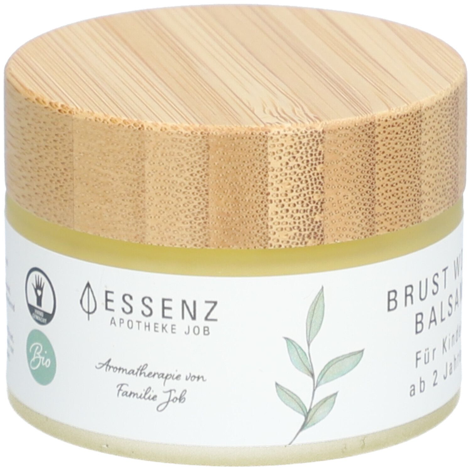 Creme-Tiegel mit Holzdeckel. Aufschrift: Brust Wohl Balsam, Für Kinder ab 2 Jahren. ESSENZ, Apotheke Job, Bio.