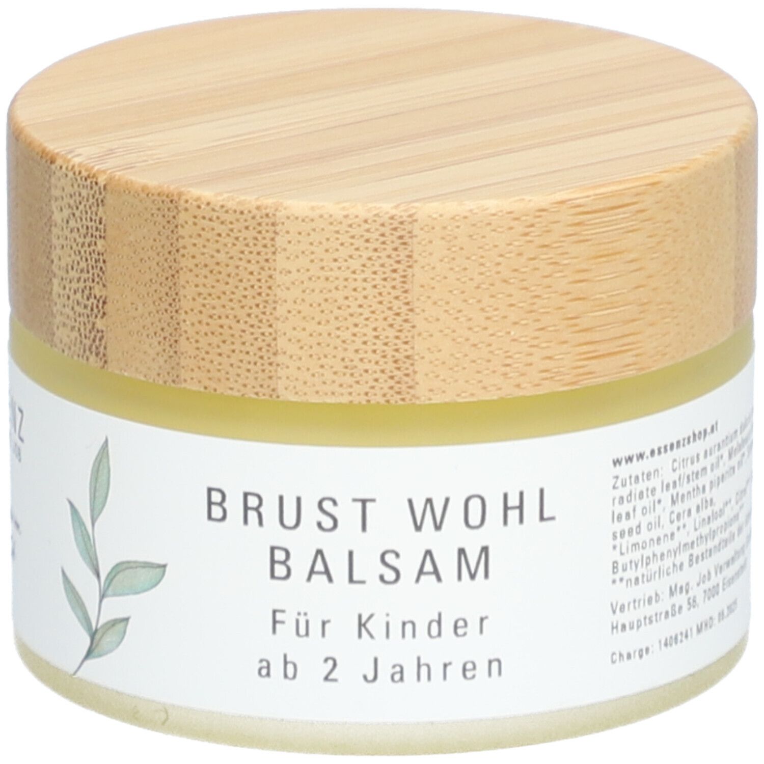 Creme-Tiegel mit Holzdeckel. Aufschrift: Brust Wohl Balsam, Für Kinder ab 2 Jahren. Zutatenliste, www.essenzshop.at.