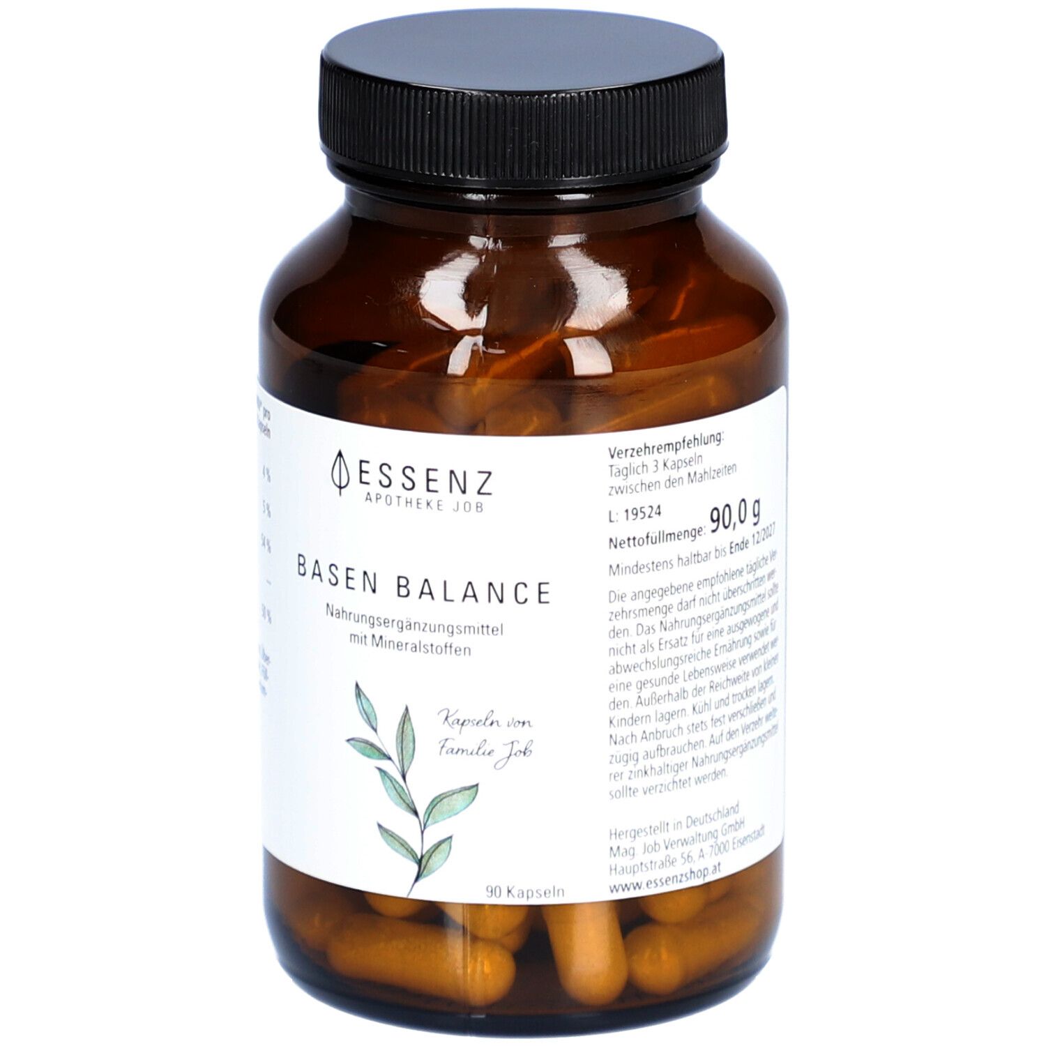 Braune Glasflasche mit schwarzen Deckel. Auf dem Etikett steht "Essenz Apotheke Job Basen Balance".