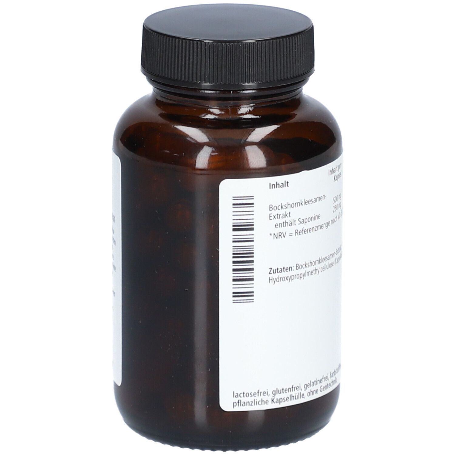 Braune Glasflasche mit schwarzem Deckel. Etikett mit Inhaltsstoffen und Barcode. Vegan.