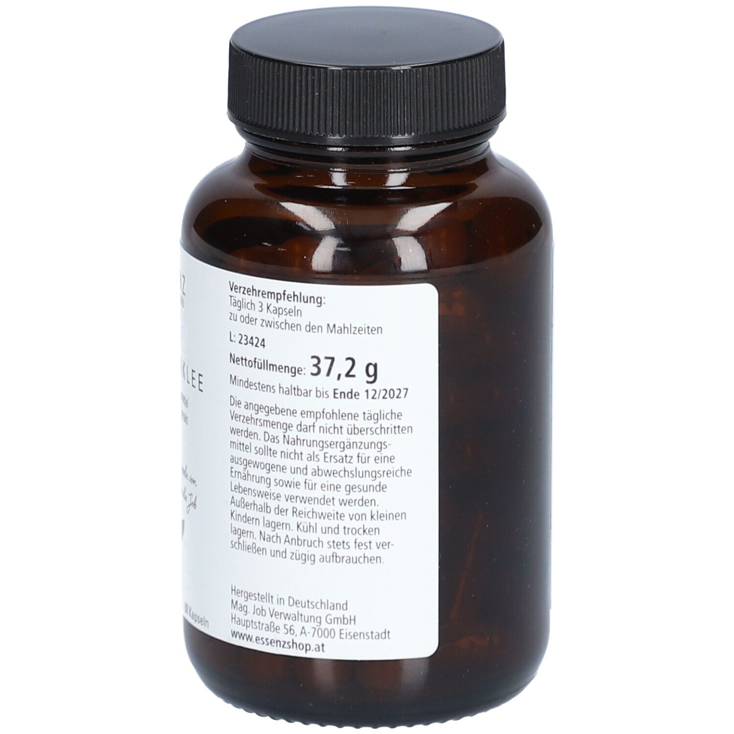 Braune Glasflasche mit schwarzem Deckel. Etikett mit Nährwertangaben und Haltbarkeitsdatum. 37,2g.