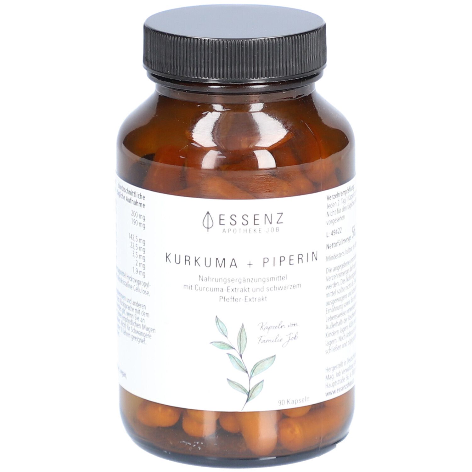 Braune Glasflasche mit Kapseln. Aufschrift: Essenz, Kurkuma + Piperin. Nahrungsergänzungsmittel mit Curcuma Extrakt und schwarzem Pfeffer Extrakt.