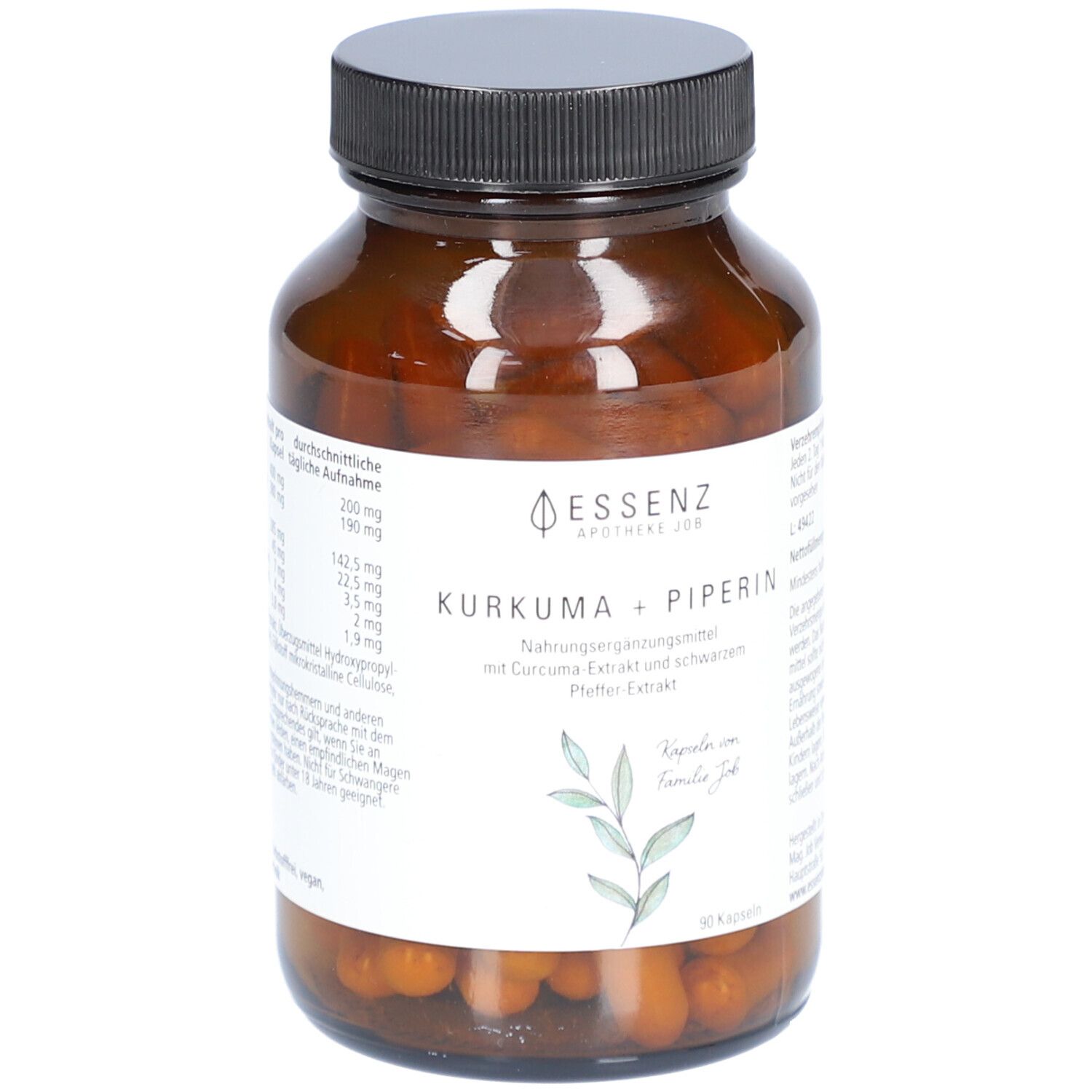Braune Glasflasche mit Kapseln. Aufschrift: Essenz, Kurkuma + Piperin. Nahrungsergänzungsmittel mit Curcuma Extrakt und schwarzem Pfeffer Extrakt.