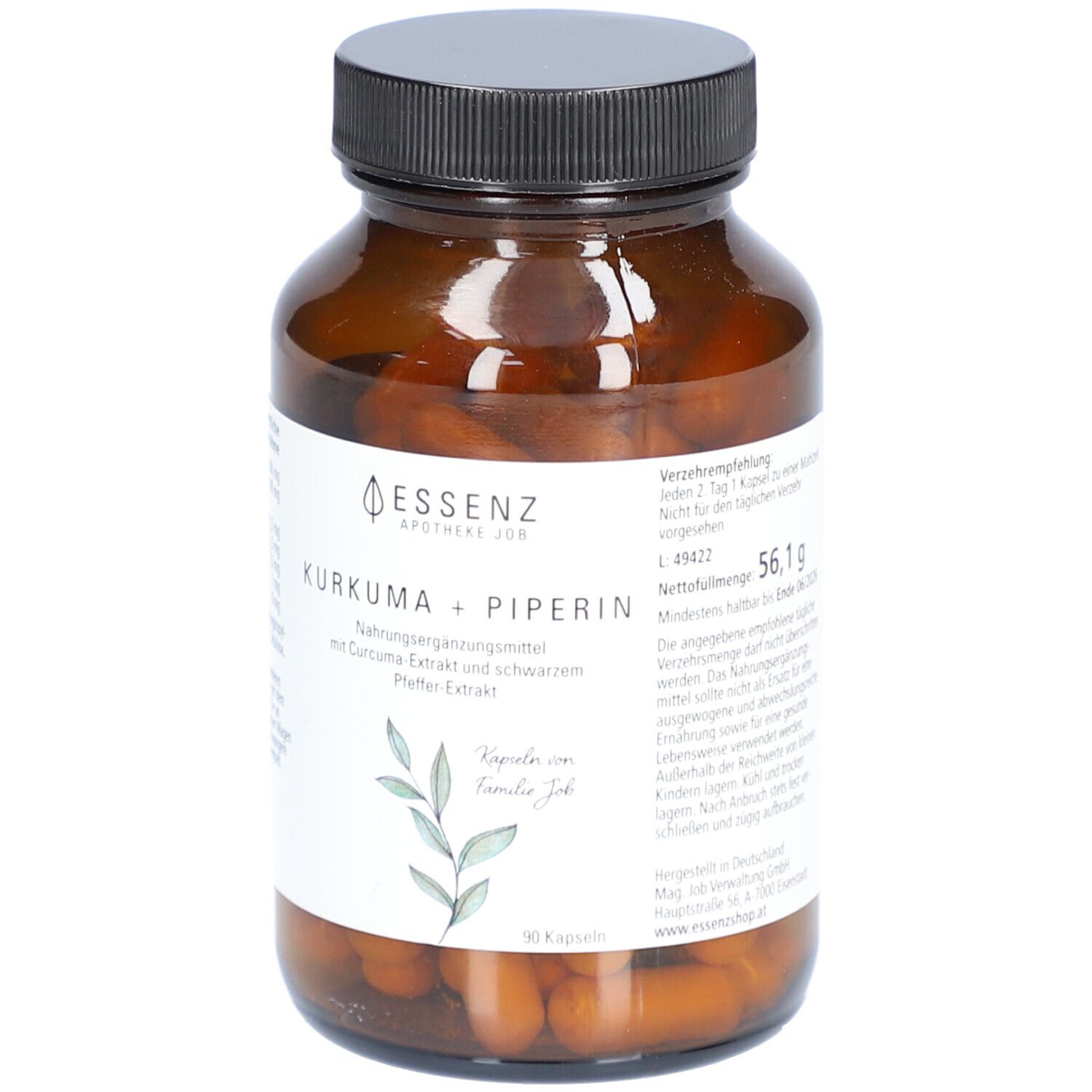 Braune Glasflasche mit Kapseln. Aufschrift: Essenz, Kurkuma + Piperin. Nahrungsergänzungsmittel. Enthält Informationen zu Nährwerten und Inhaltsstoffen.