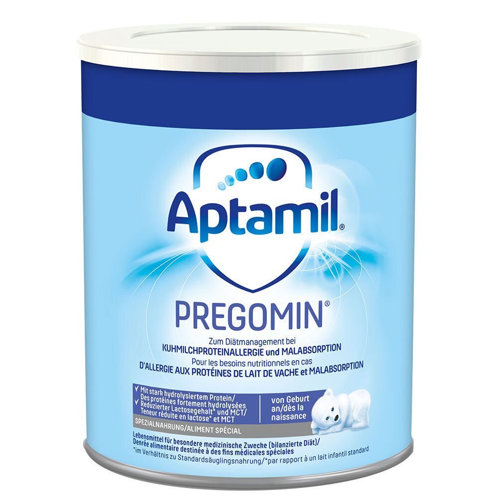 Aptamil Pregomin Spezialnahrung Dose. Blaue Dose mit weißem Deckel. Text: Für Kuhmilchproteinallergie. Ab Geburt.